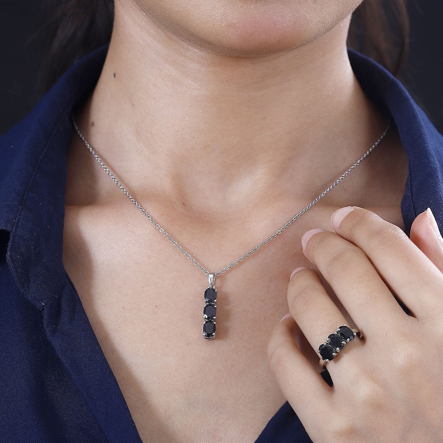 2 Piece Set -  Black Spinel Ring &amp; Pendant with Chain (Size 20) in Rhodium Overlay Sterling Silver  6.30 Ct. Size K 4277943 2