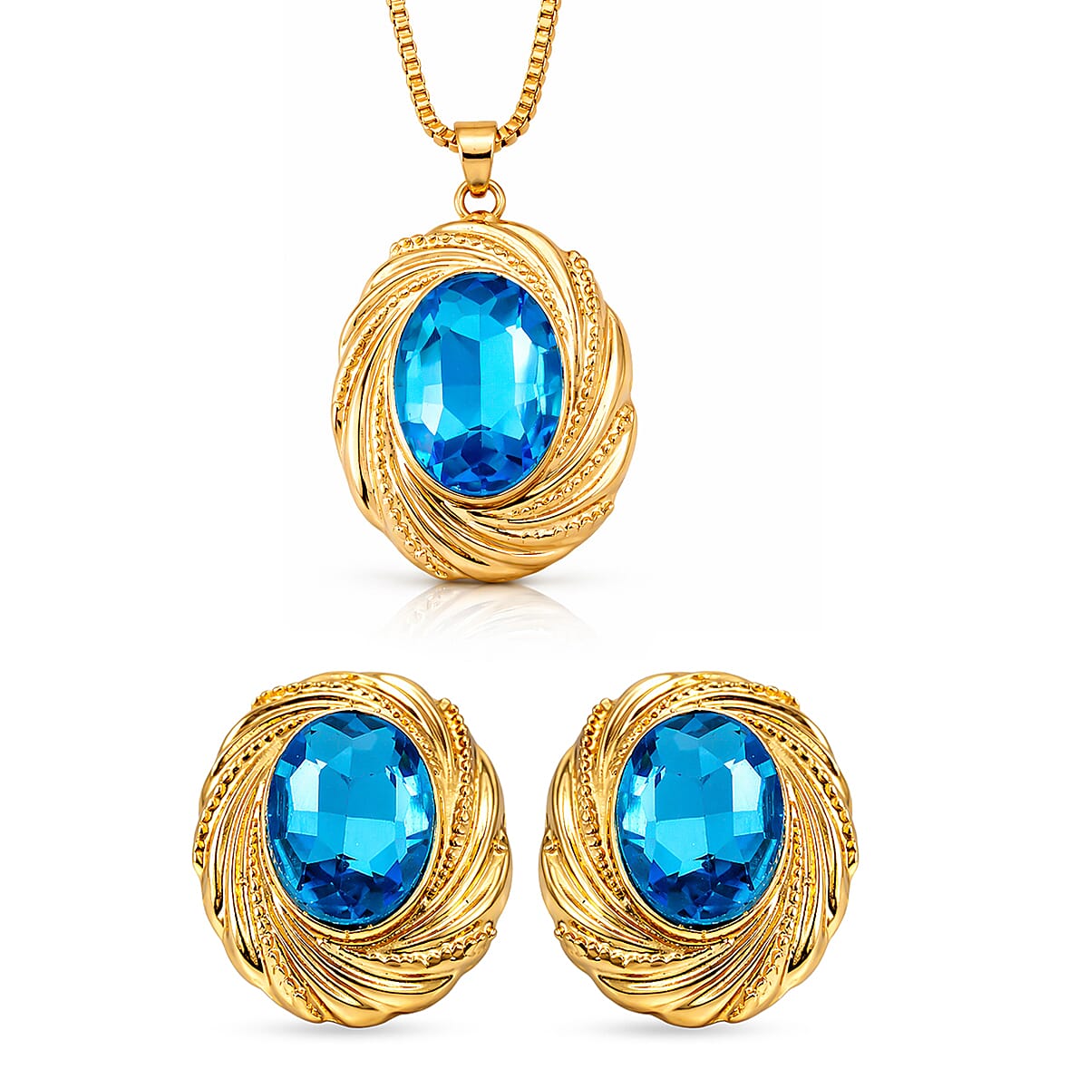 Set of 2 - Blue Crystal Necklace (Size - 20-2 Ext) &amp; Earring with Push Back in Yellow Gold Tone 4444237 0