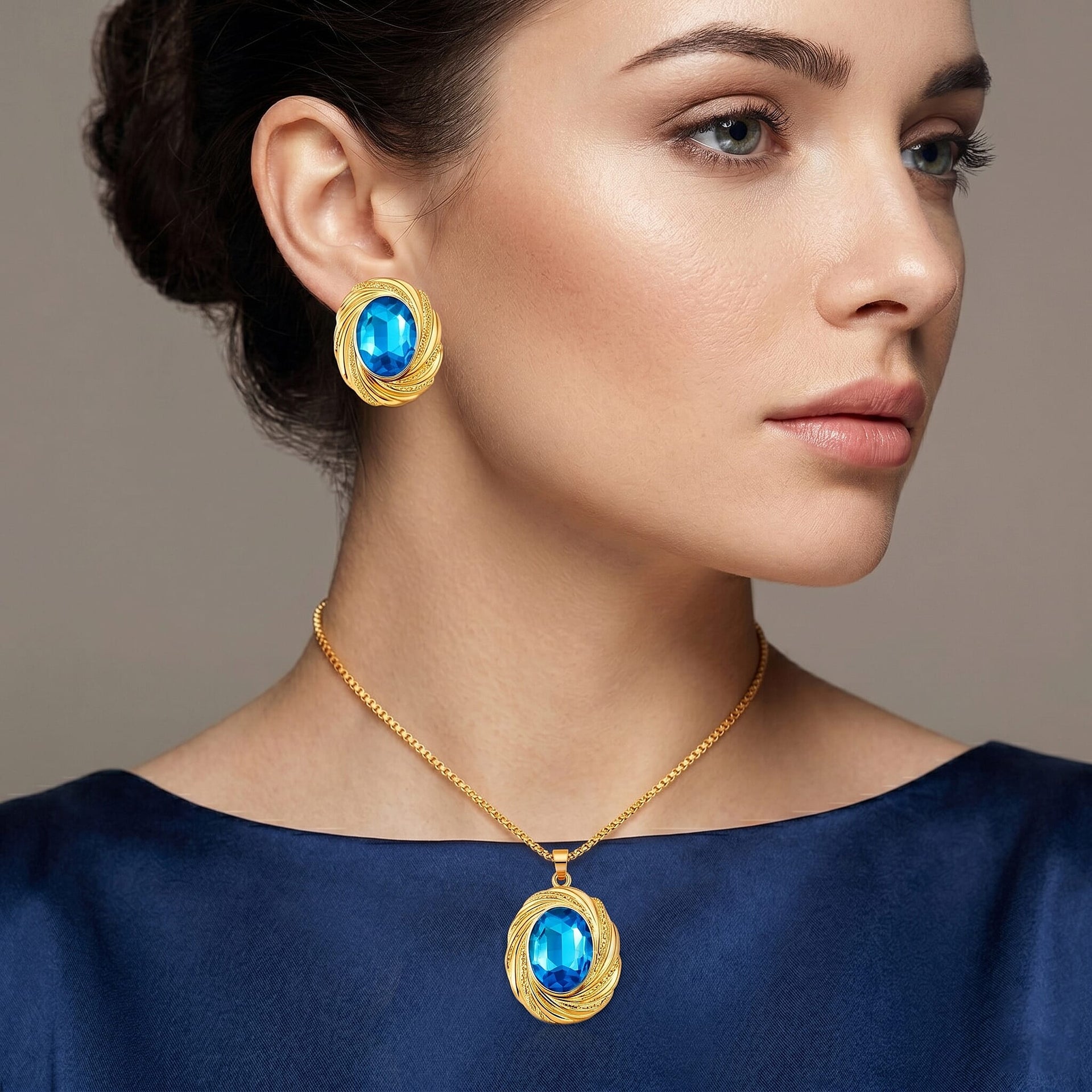 Set of 2 - Blue Crystal Necklace (Size - 20-2 Ext) &amp; Earring with Push Back in Yellow Gold Tone 4444237 2