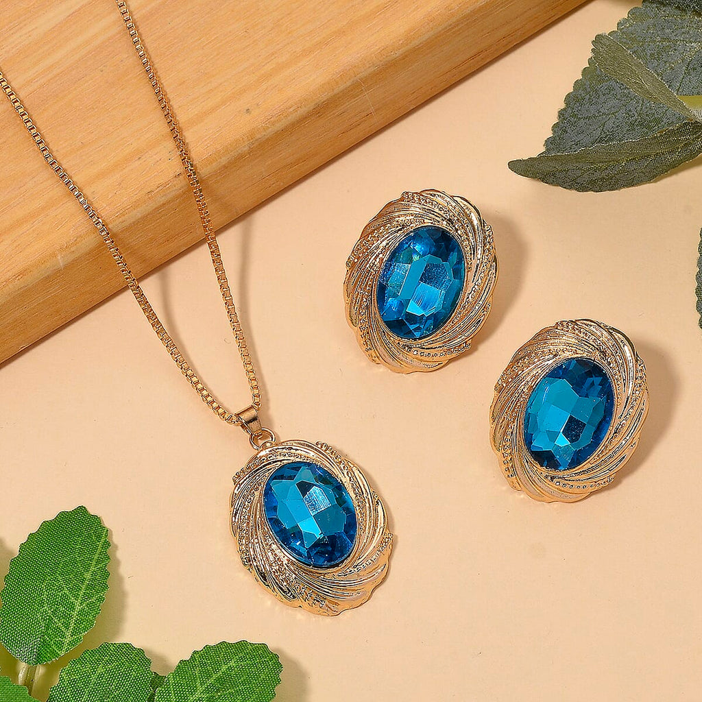 Set of 2 - Blue Crystal Necklace (Size - 20-2 Ext) & Earring with Push Back in Yellow Gold Tone