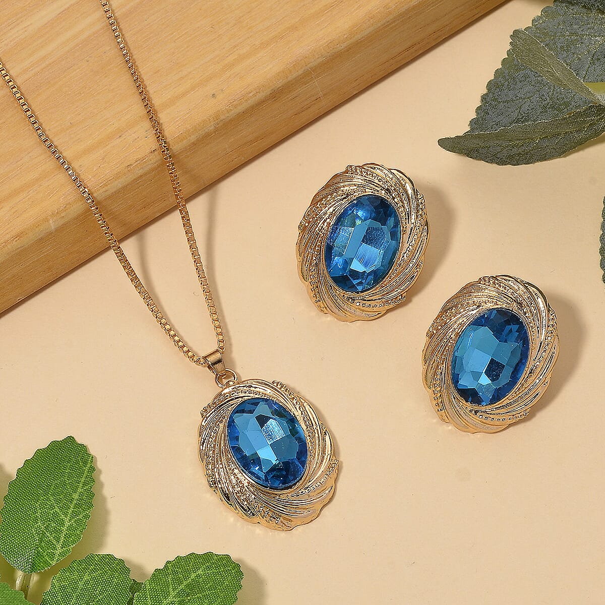 Set of 2 - Blue Crystal Necklace (Size - 20-2 Ext) &amp; Earring with Push Back in Yellow Gold Tone 4444237 3