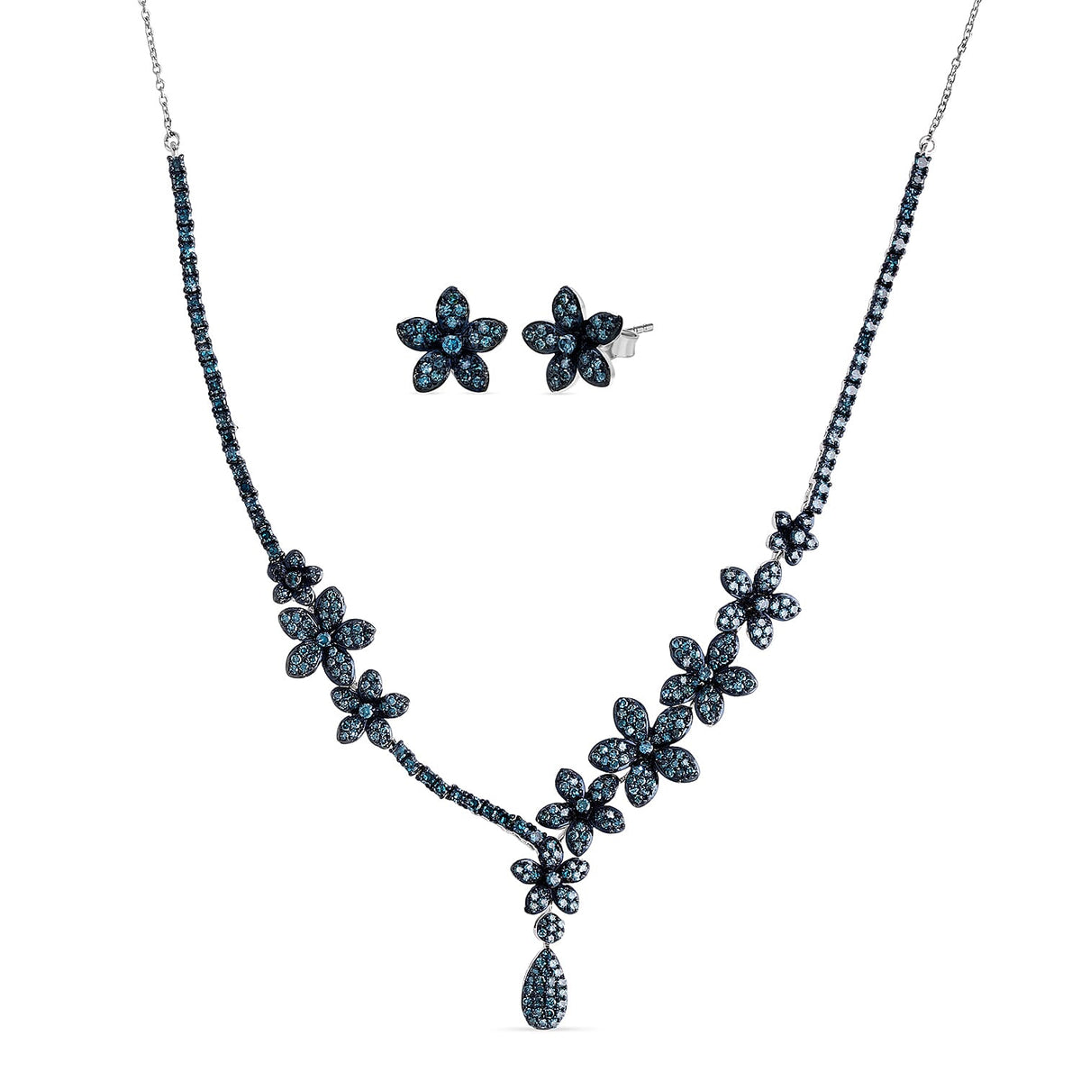 2 Piece Set - D'Joy Blue Diamond Necklace (Size 18-2 Inch Ext) &amp; Push Post Blue Pain Earring in Platinum Overlay Sterling Silver 2.21 Ct, Silver Wt. 14.80 Gms. 4340433 0
