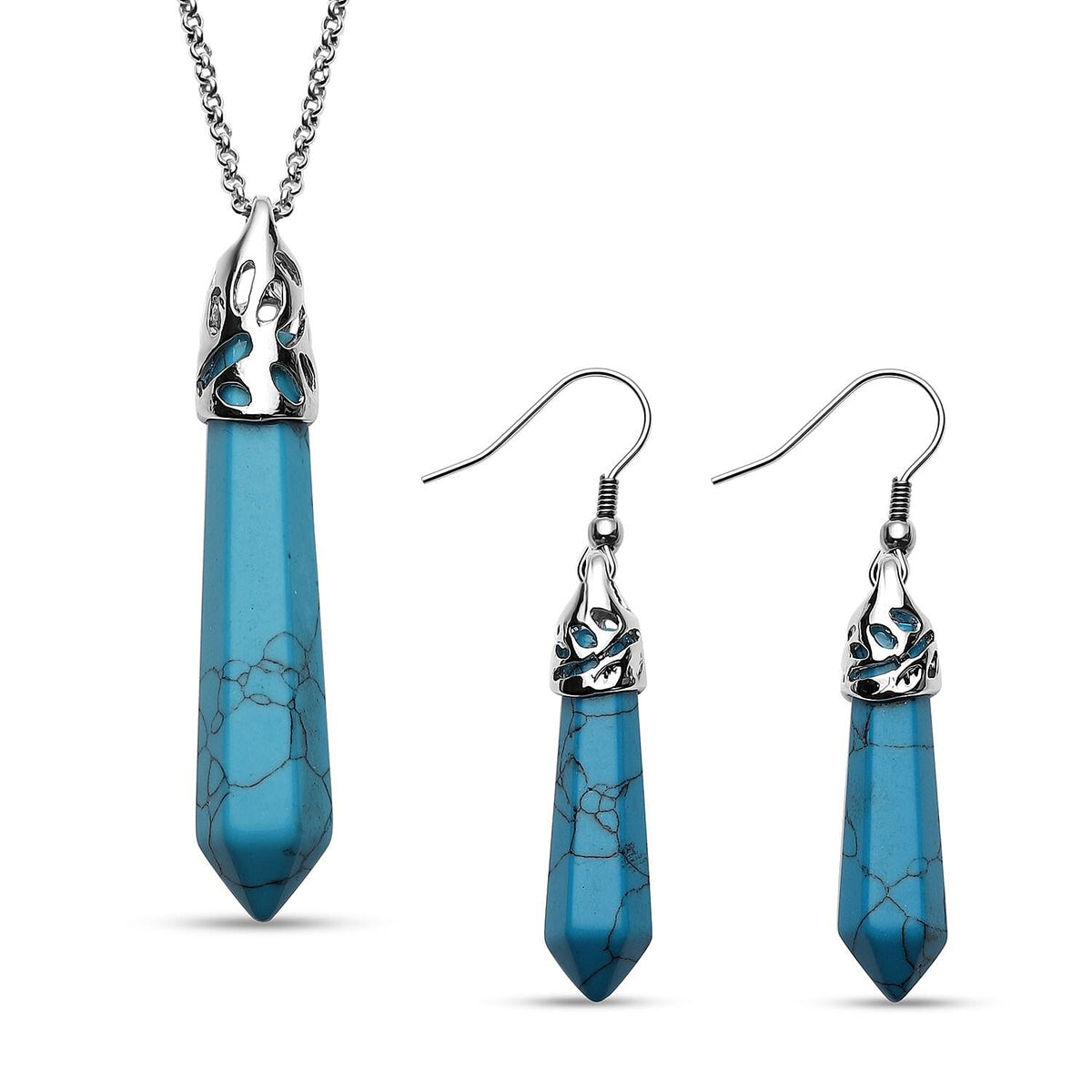 2 Piece Set - Blue Howlite Pendant with Chain (Size 20 with 2 inch Extender) and Earrings With Hook in Silver Tone 4074288 0