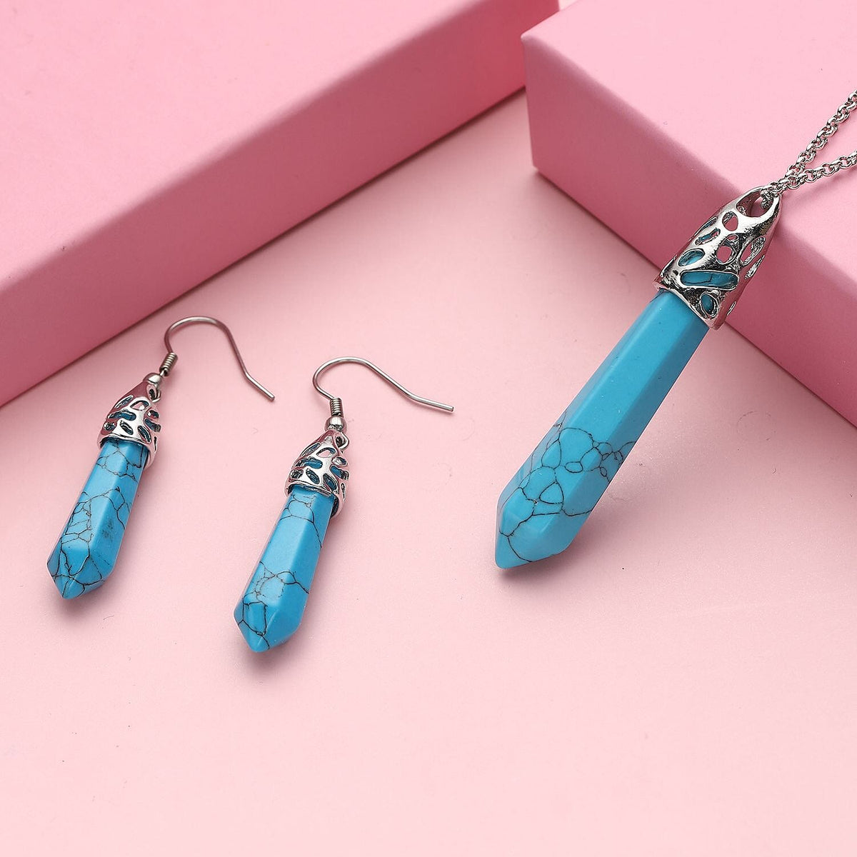 2 Piece Set - Blue Howlite Pendant with Chain (Size 20 with 2 inch Extender) and Earrings With Hook in Silver Tone 4074288 2