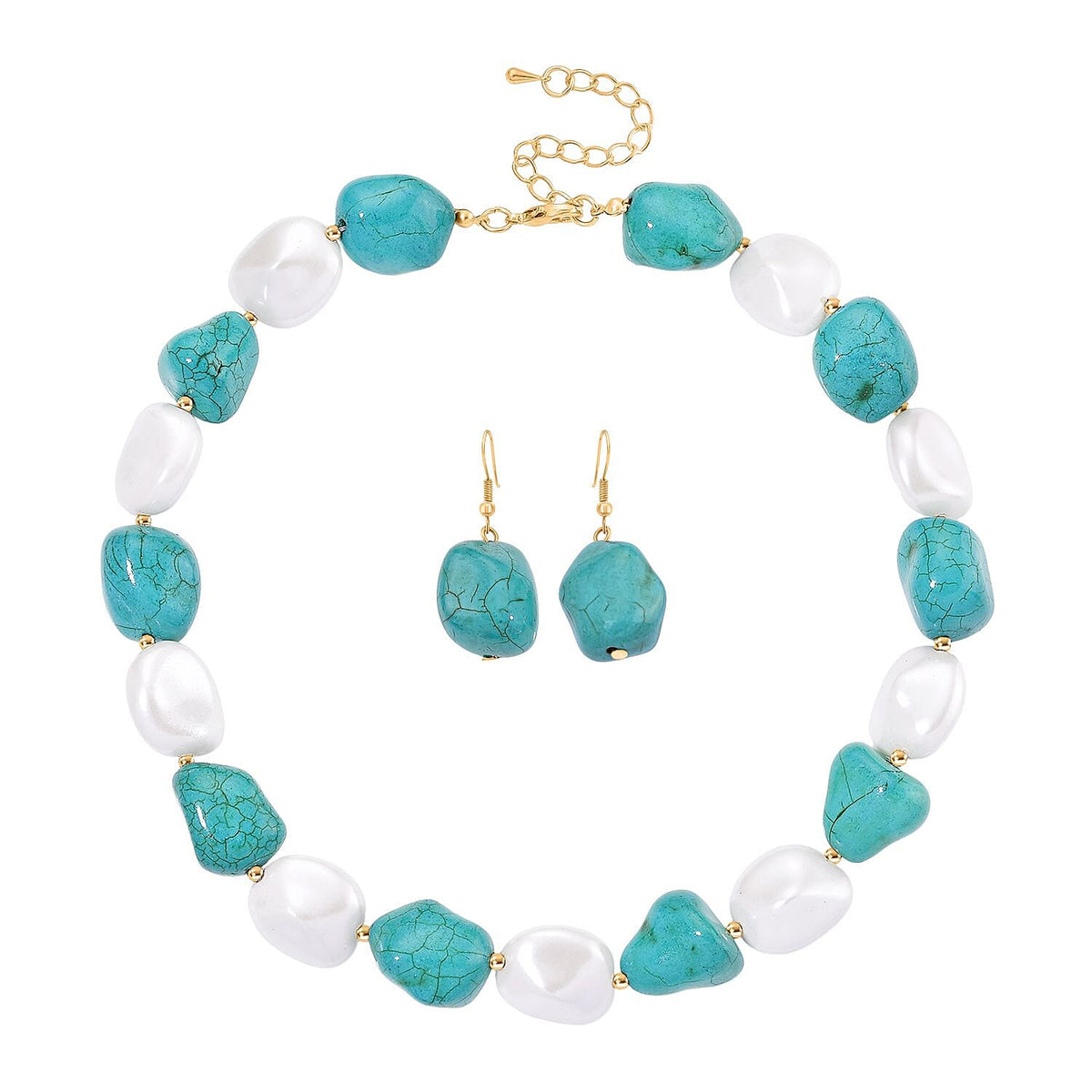 Baroque Shape Blue Howlite, White Shell Pearl Necklace (Size 18 + 2 Ext) with Lobster Clasp &amp; Earrings with Hook 693.00 Ct. V32518882 0