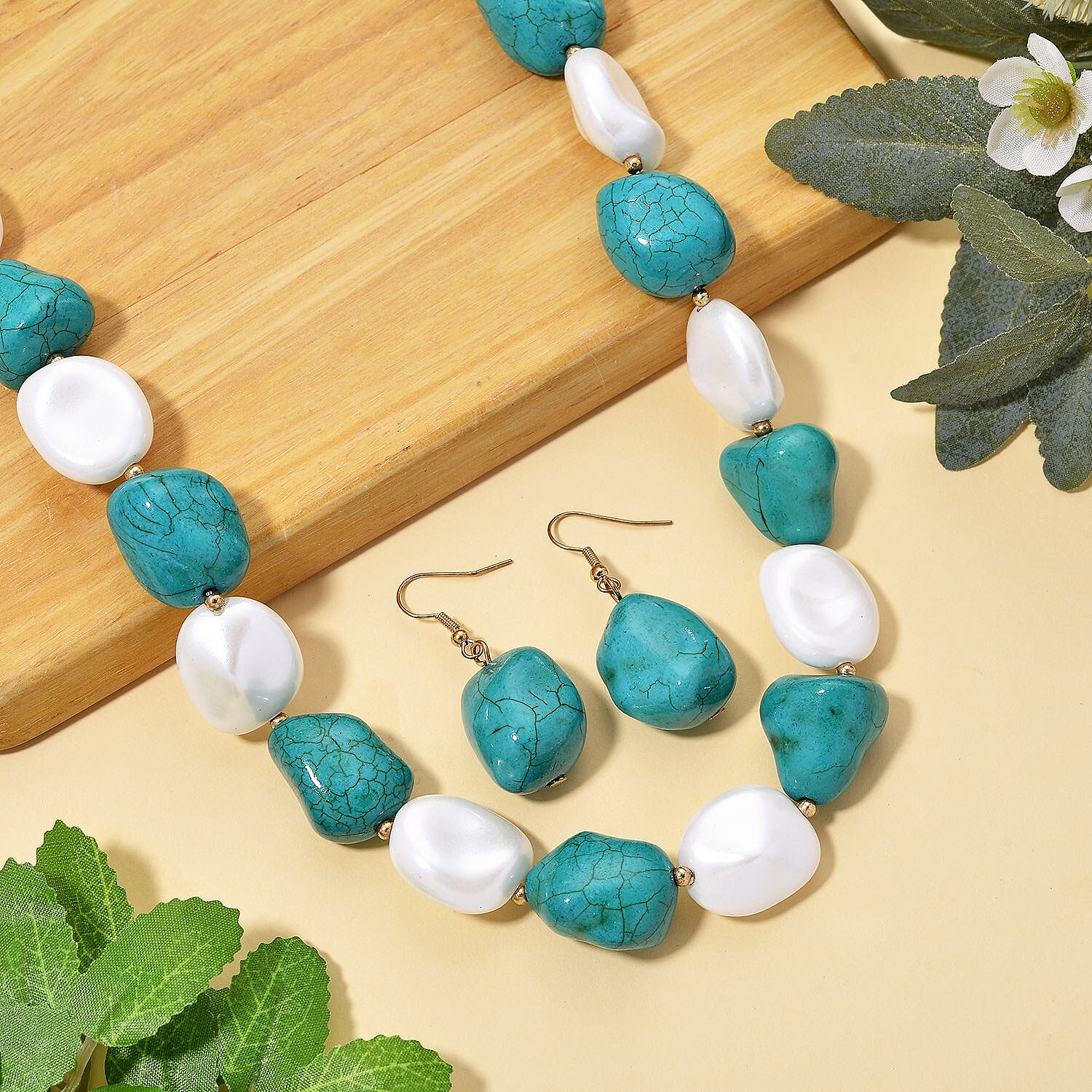 Baroque Shape Blue Howlite, White Shell Pearl Necklace (Size 18 + 2 Ext) with Lobster Clasp &amp; Earrings with Hook 693.00 Ct. V32518882 2