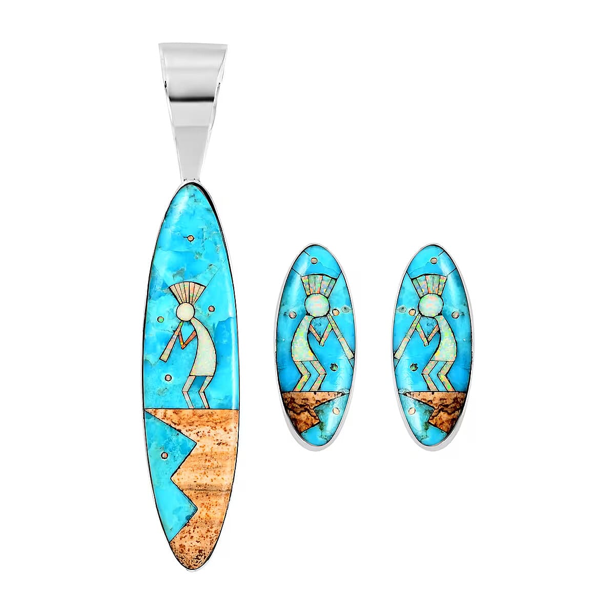 Santa Fe Collection - 2 Piece Set -  Blue Turquoise Pendant and Kokopelli Earring with Plastic Push Back in Sterling Silver 12.95 Ct. 4406417 0