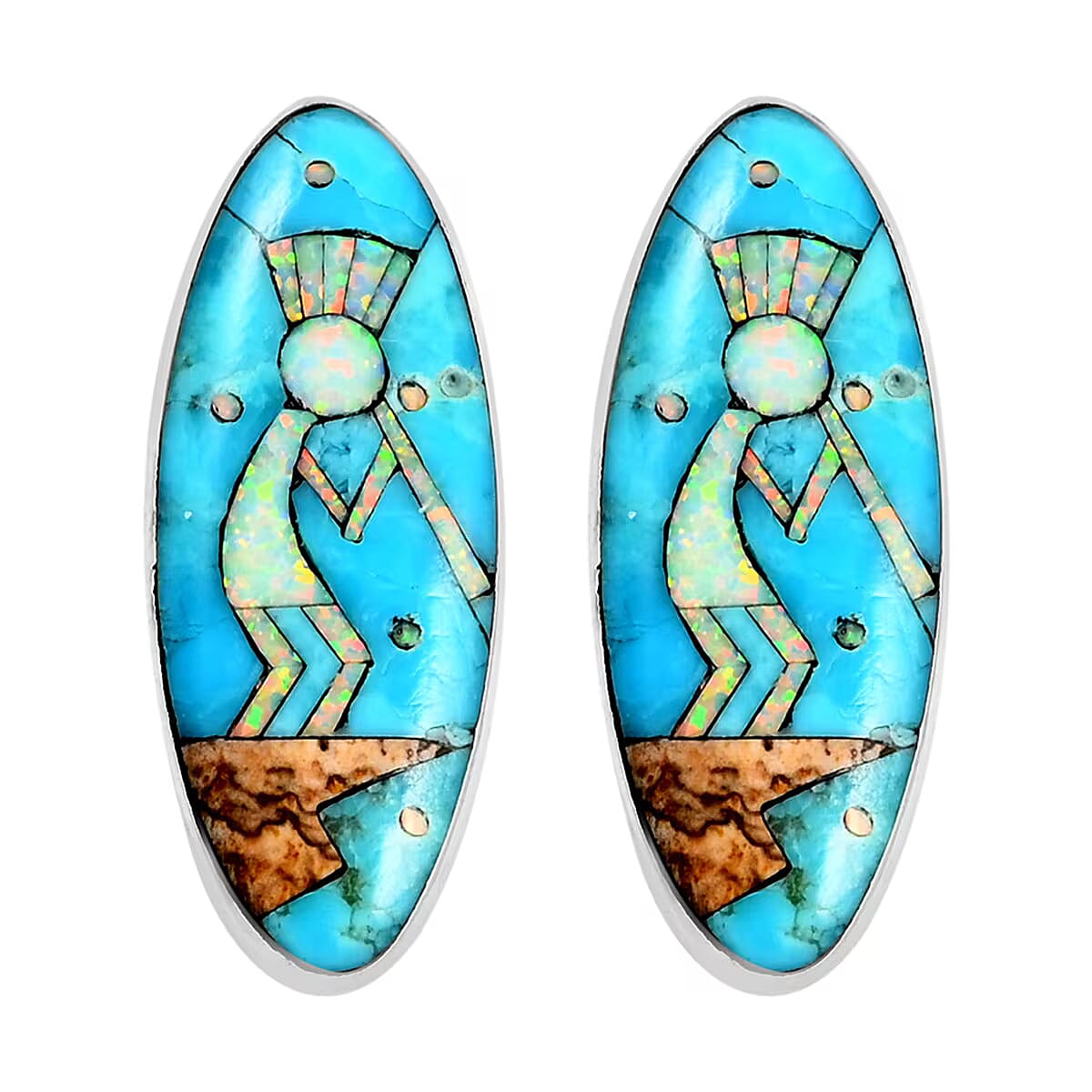 Santa Fe Collection - 2 Piece Set -  Blue Turquoise Pendant and Kokopelli Earring with Plastic Push Back in Sterling Silver 12.95 Ct. 4406417 4