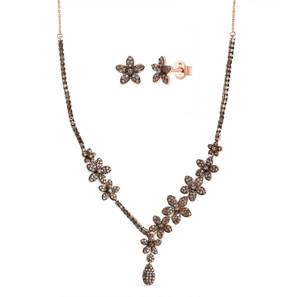 2 Piece Set - D'Joy Champagne Diamond Necklace (Size 21.50) &amp; Push Post Earring in Vermeil Rose Gold Plated Sterling Silver 2.21 Ct, Silver Wt. 14.80 Gms. 4340434 0