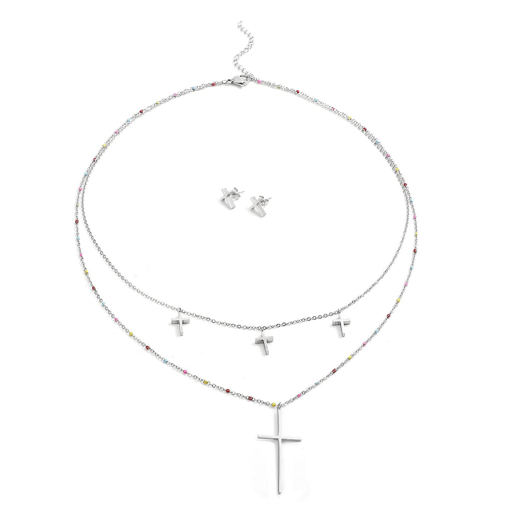 2 Piece Set - Cross Enamelled Necklace (Size 20 With 2 Inch Extender) and Earrings (With Push Back) in Silver Tone
