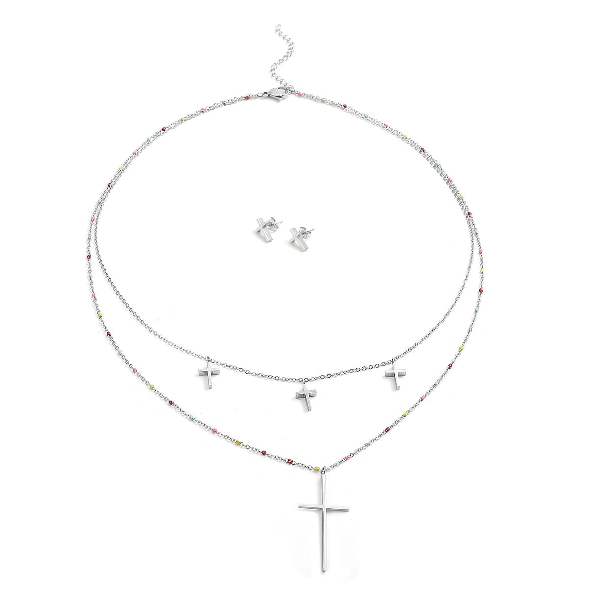 2 Piece Set - Cross Enamelled Necklace Size 20 with 2 inch Extender and Earrings in Silver Tone 3866437 0