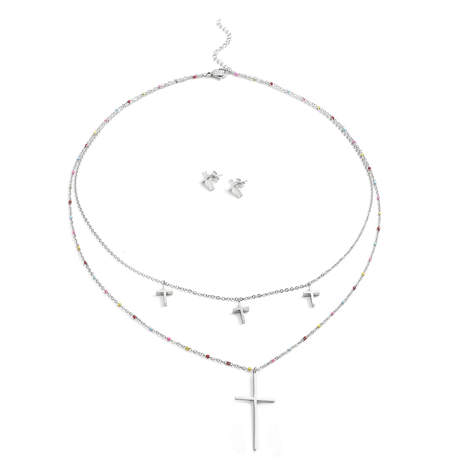 2 Piece Set - Cross Enamelled Necklace Size 20 with 2 inch Extender and Earrings in Silver Tone 3866437 0