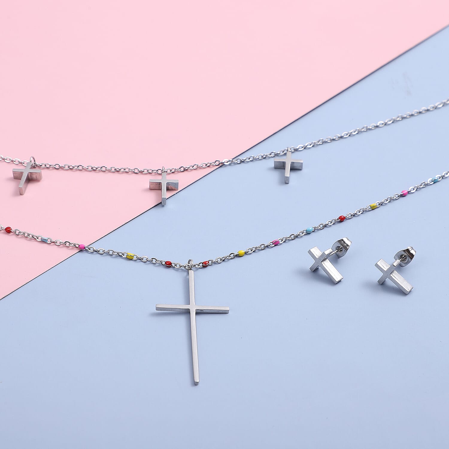 2 Piece Set - Cross Enamelled Necklace Size 20 with 2 inch Extender and Earrings in Silver Tone 3866437 2
