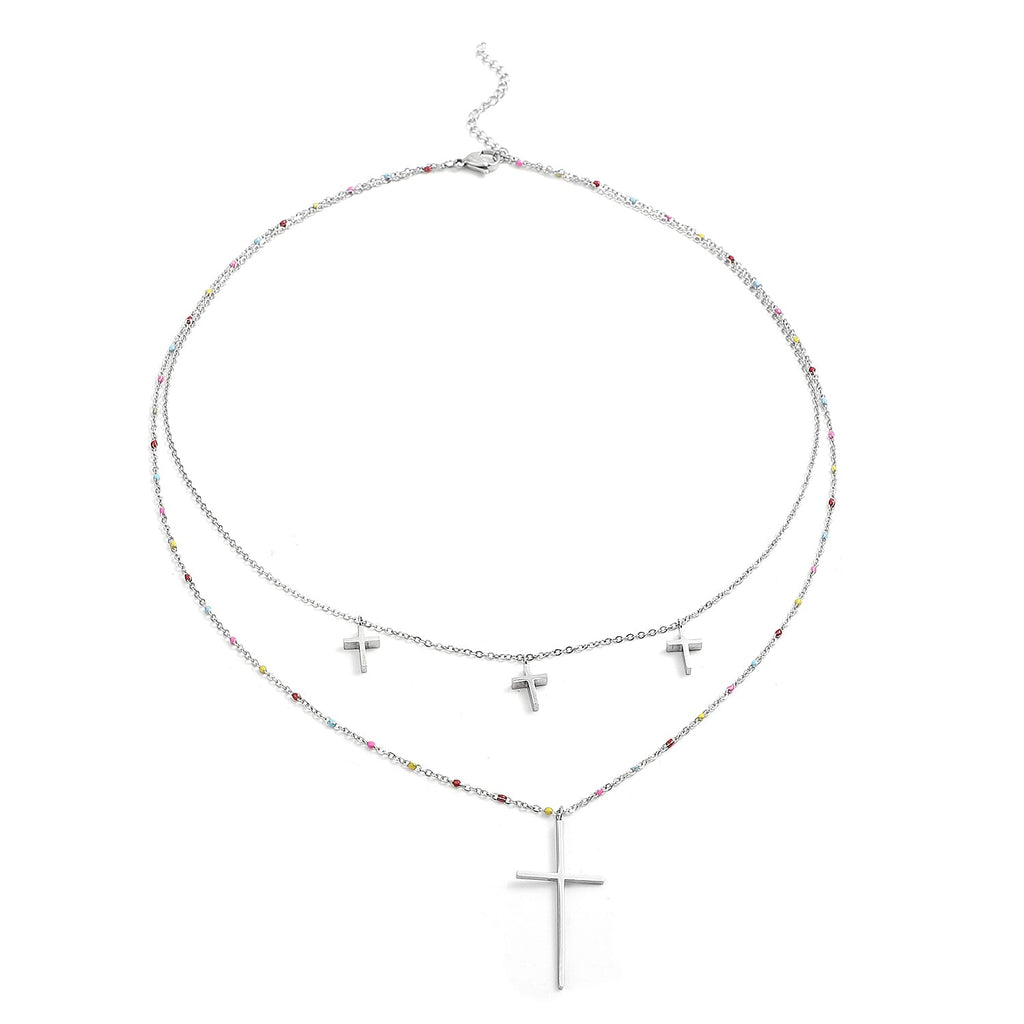 2 Piece Set - Cross Enamelled Necklace (Size 20 With 2 Inch Extender) and Earrings (With Push Back) in Silver Tone