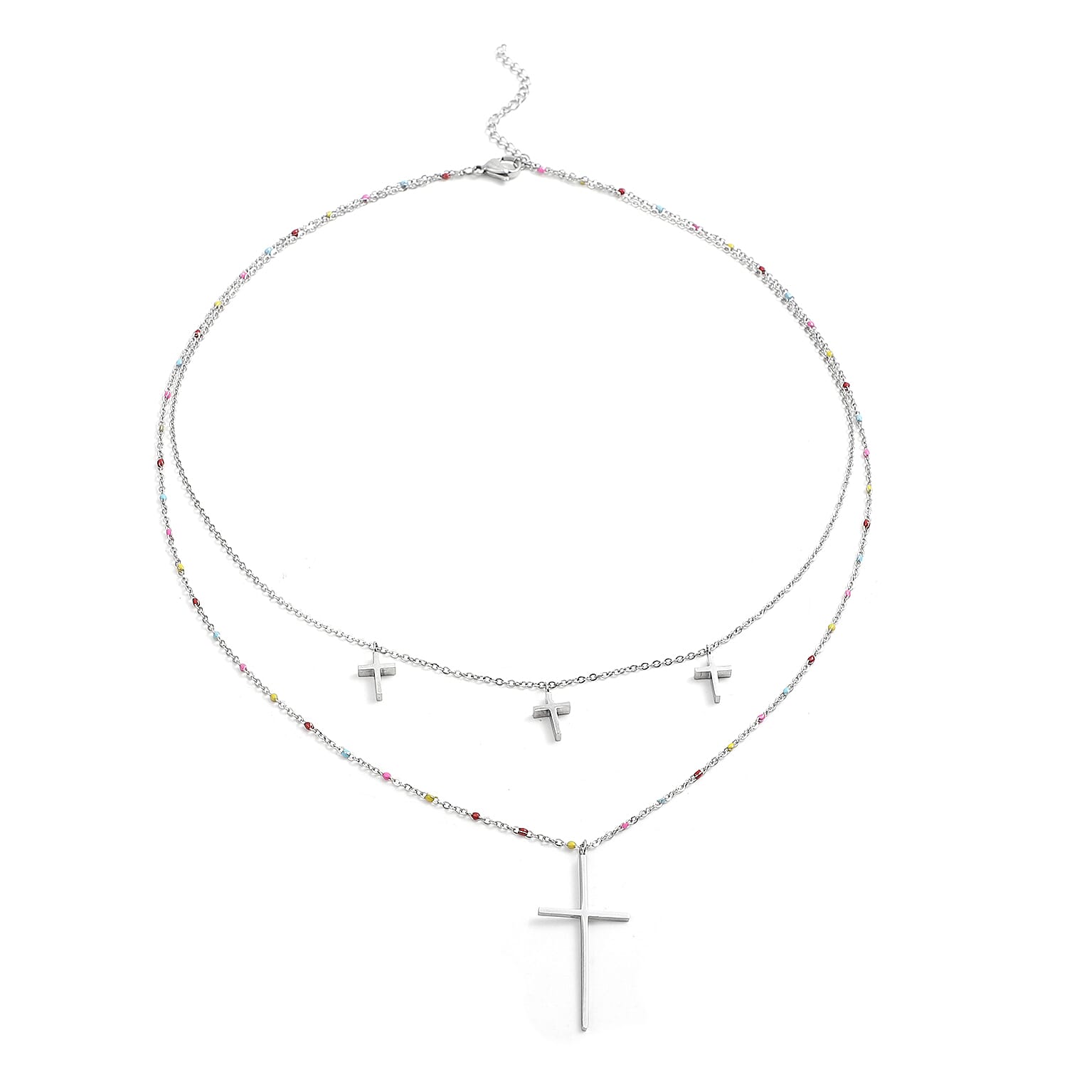 2 Piece Set - Cross Enamelled Necklace Size 20 with 2 inch Extender and Earrings in Silver Tone 3866437 3