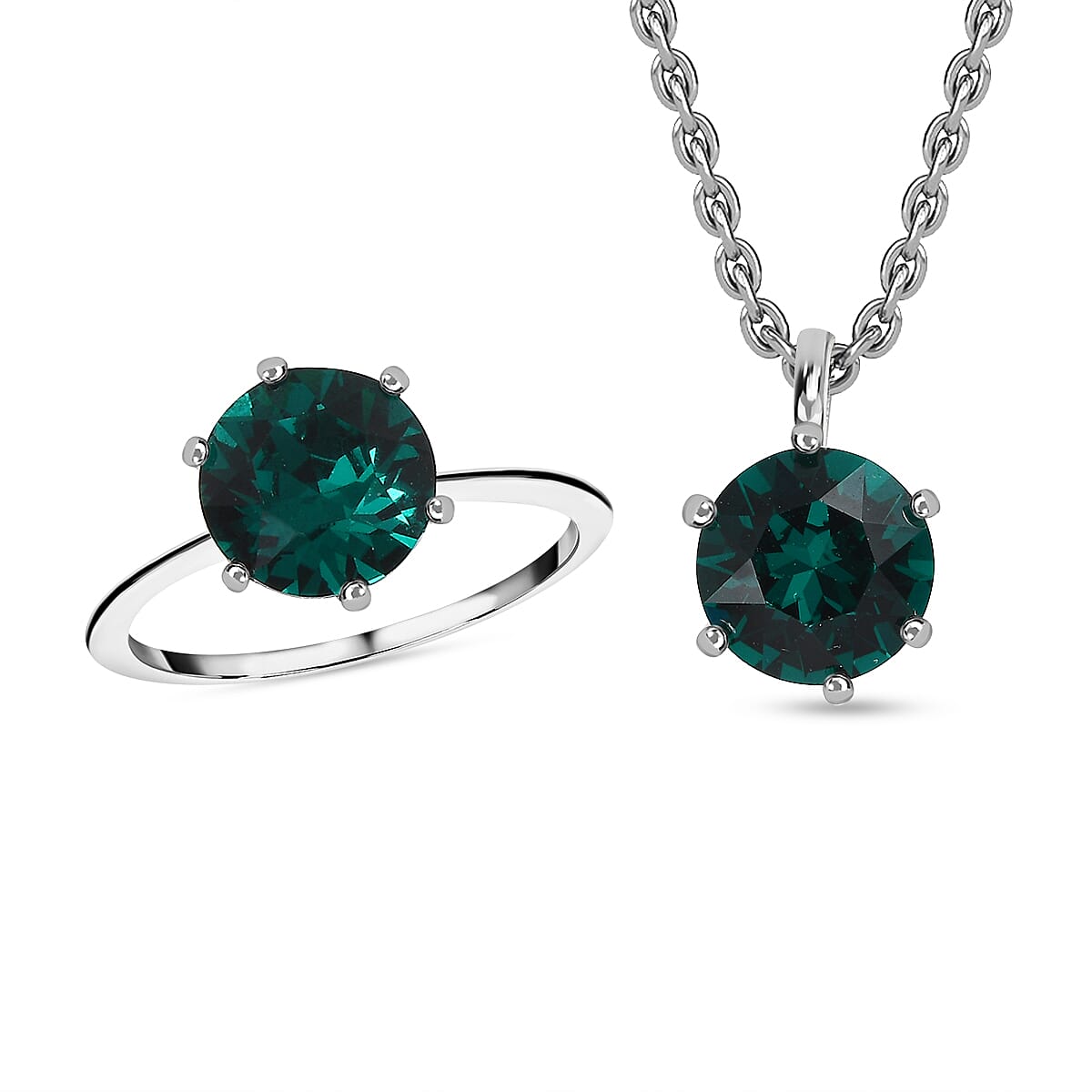 2 Piece Set - Emerald Austrian Crystal Sterling Silver Ring and Pendant with Stainless Steel Chain (Size 20) 4.98 Ct. 4166150 0
