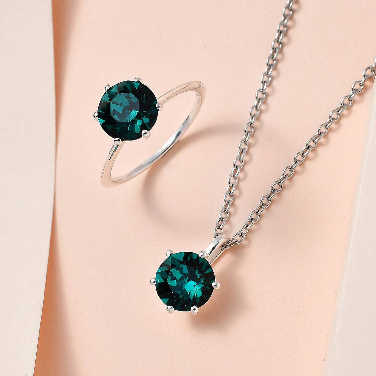 2 Piece Set - Emerald Austrian Crystal Sterling Silver Ring and Pendant with Stainless Steel Chain (Size 20) 4.98 Ct. 4166150 1
