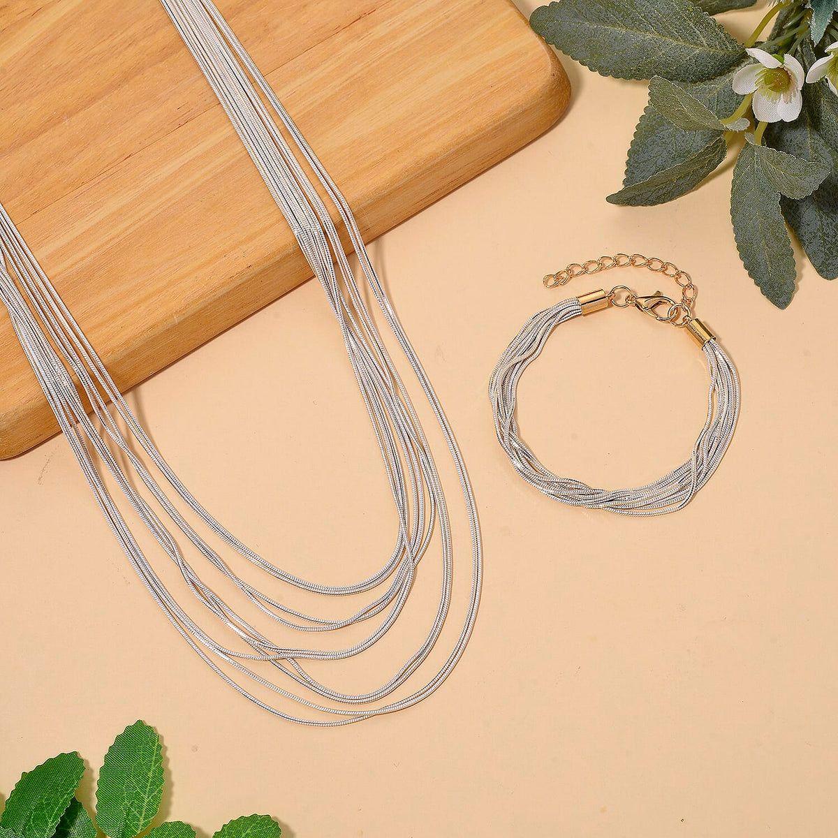 Set of 2 - Silver-Plated Twisted Strand Bracelet (Size - 7+2 Ext) &amp; Necklace (18+2 Ext) with Gold Plated Clasp V32527862 2
