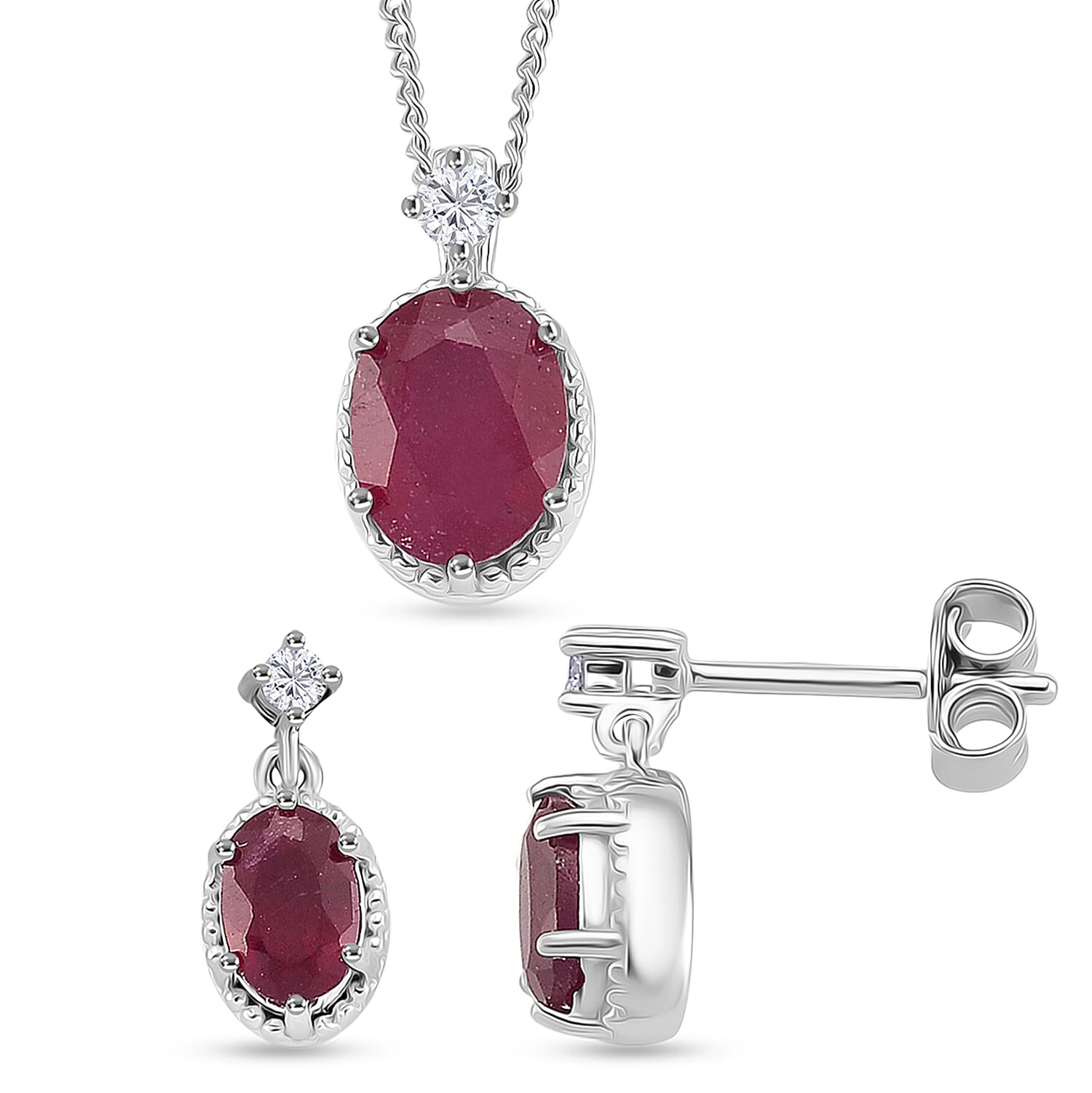 2 Piece Set -  D'Joy Fissure Filled Ruby &amp; Moissanite Earring and Pendant with Chain (Size - 18) in Rhodium Overlay Sterling Silver 3.55 Ct. 4434948 0