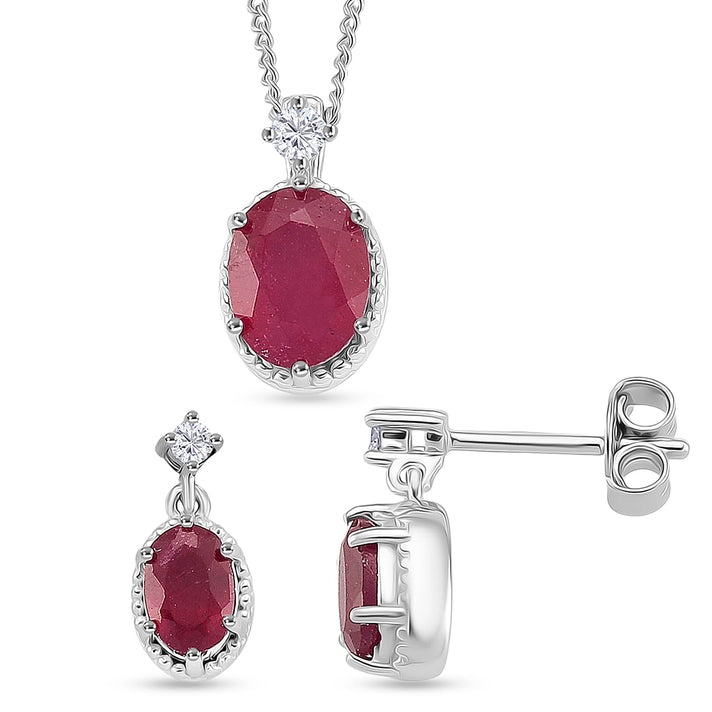 2 Piece Set -  D'Joy Fissure Filled Ruby &amp; Moissanite Earring and Pendant with Chain (Size - 18) in Rhodium Overlay Sterling Silver 3.55 Ct. 4434948 1