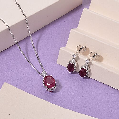 2 Piece Set -  D'Joy Fissure Filled Ruby &amp; Moissanite Earring and Pendant with Chain (Size - 18) in Rhodium Overlay Sterling Silver 3.55 Ct. 4434948 2