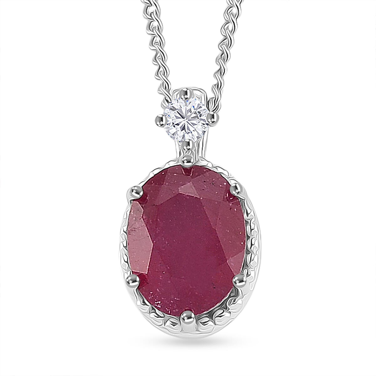 2 Piece Set -  D'Joy Fissure Filled Ruby &amp; Moissanite Earring and Pendant with Chain (Size - 18) in Rhodium Overlay Sterling Silver 3.55 Ct. 4434948 3