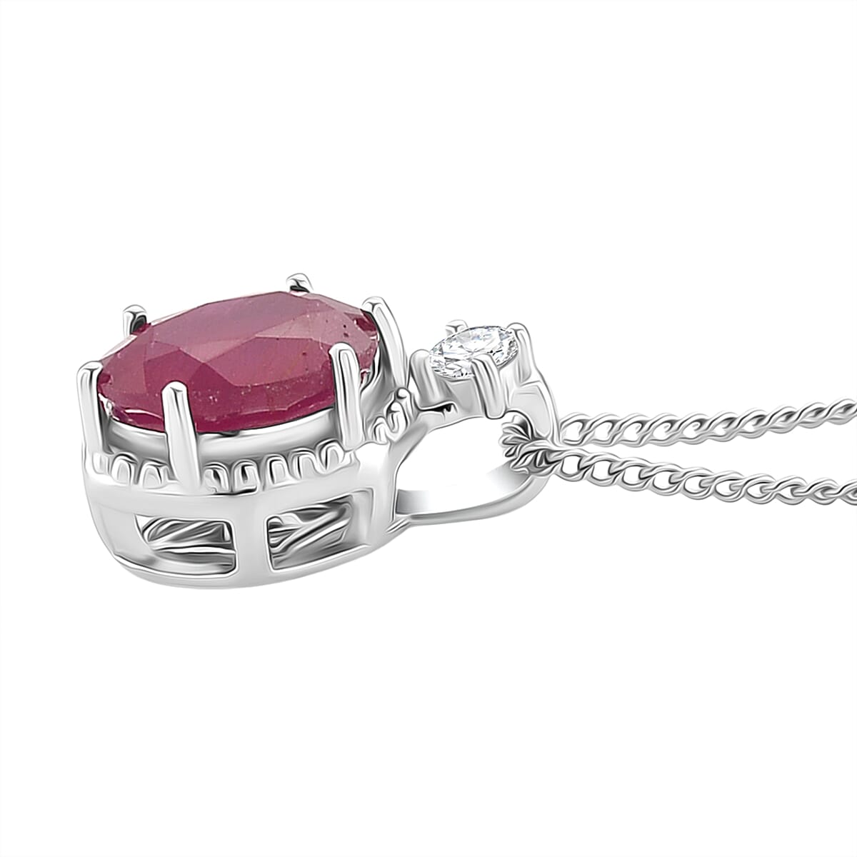 2 Piece Set -  D'Joy Fissure Filled Ruby &amp; Moissanite Earring and Pendant with Chain (Size - 18) in Rhodium Overlay Sterling Silver 3.55 Ct. 4434948 4