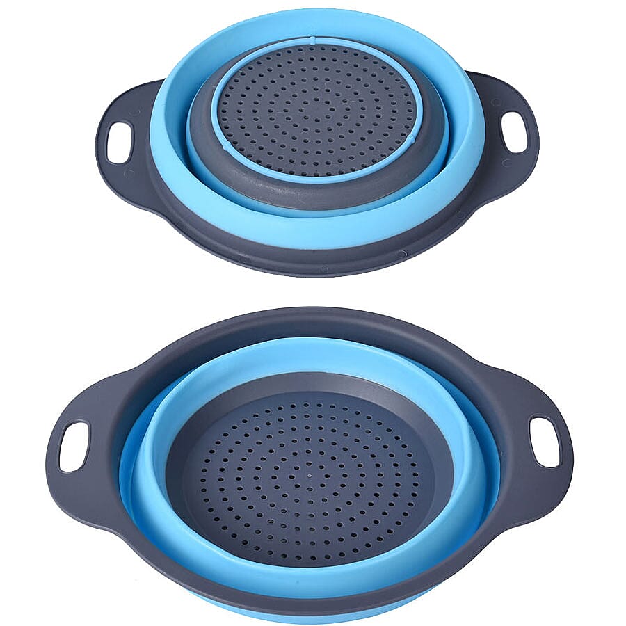 2 Piece Set - Foldable Silicone Kitchen Bowl Strainer - Blue and Grey 6296523 0