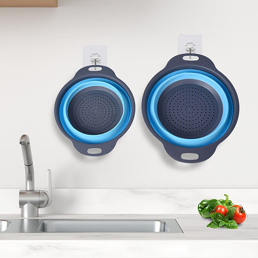 2 Piece Set - Foldable Silicone Kitchen Bowl Strainer - Blue and Grey 6296523 1
