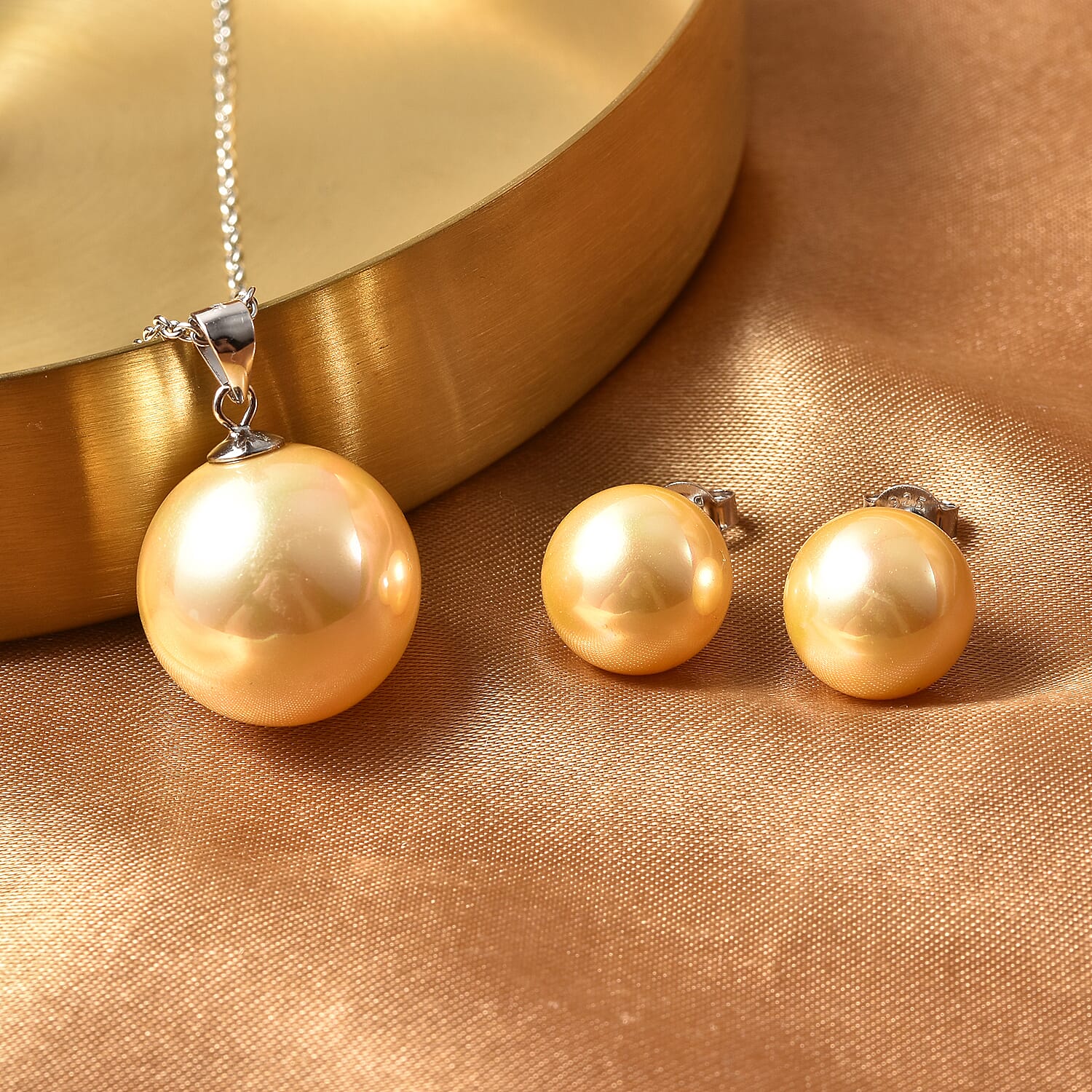 2 Piece Set - Golden Shell Pearl Pendant with Chain Size 20 and Earrings in Silver Tone 4047995 1