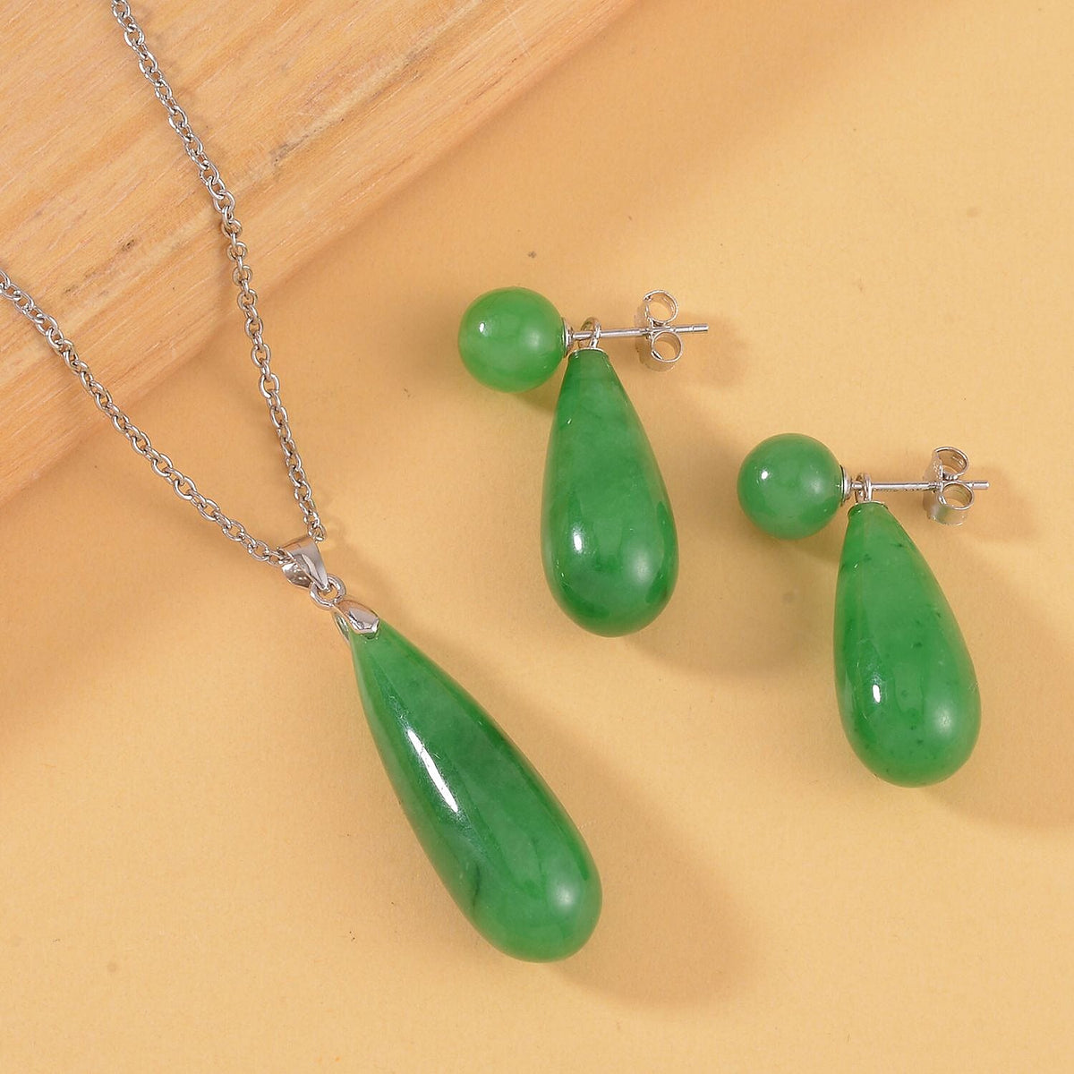 2 Piece Set - Green Jadeite Jade Earrings &amp; Pendant with Chain (Size 20) in Rhodium Overlay Sterling Silver 69.90 Ct. 4217935 1