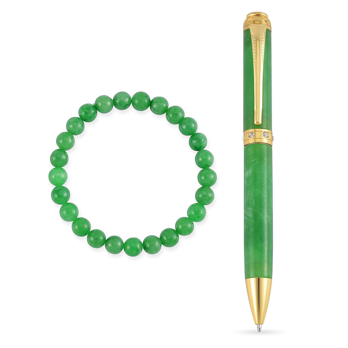 2 Piece Set - Rare Green Jade Ball Point Pen and Stretchable Bracelet (Size 6.5-7) 4239556 0