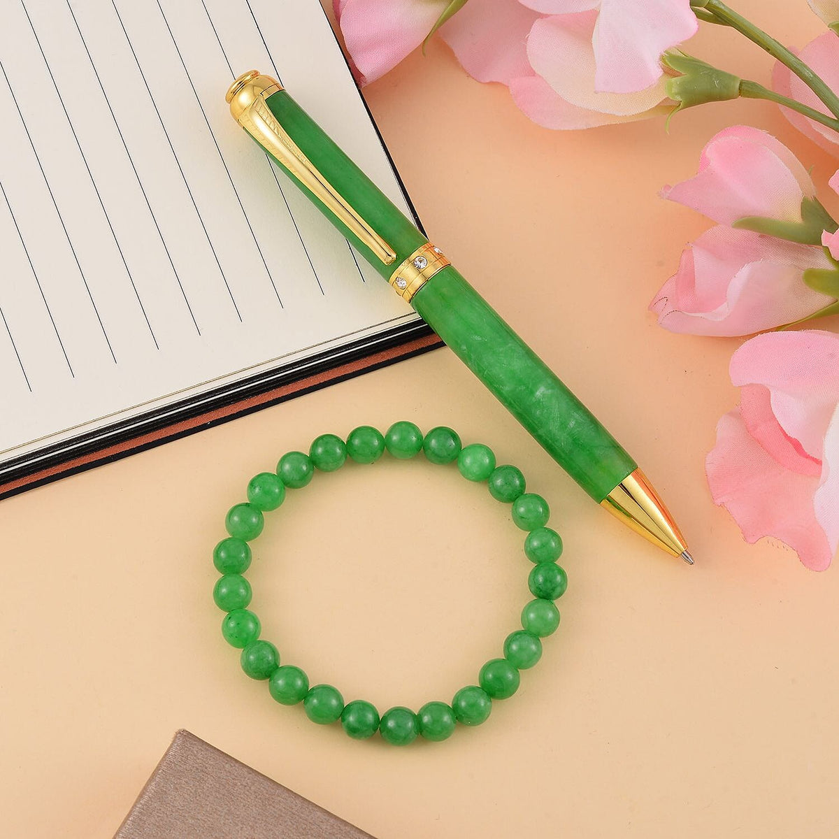 2 Piece Set - Rare Green Jade Ball Point Pen and Stretchable Bracelet (Size 6.5-7) 4239556 1