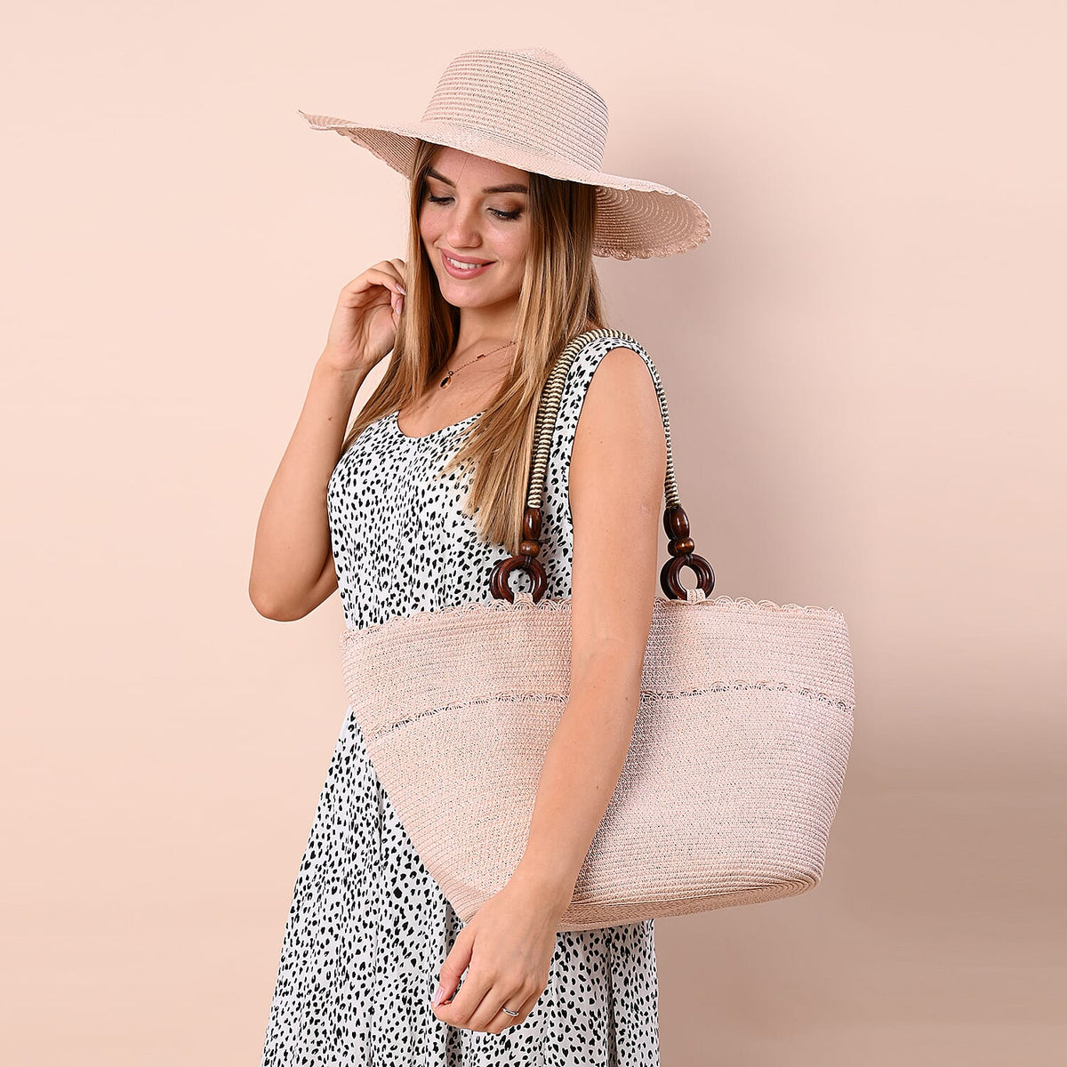 2 Piece Set - Handbag with Matching Hat Tote Bag and Zipper Closure - Dusty Pink 6277094 2