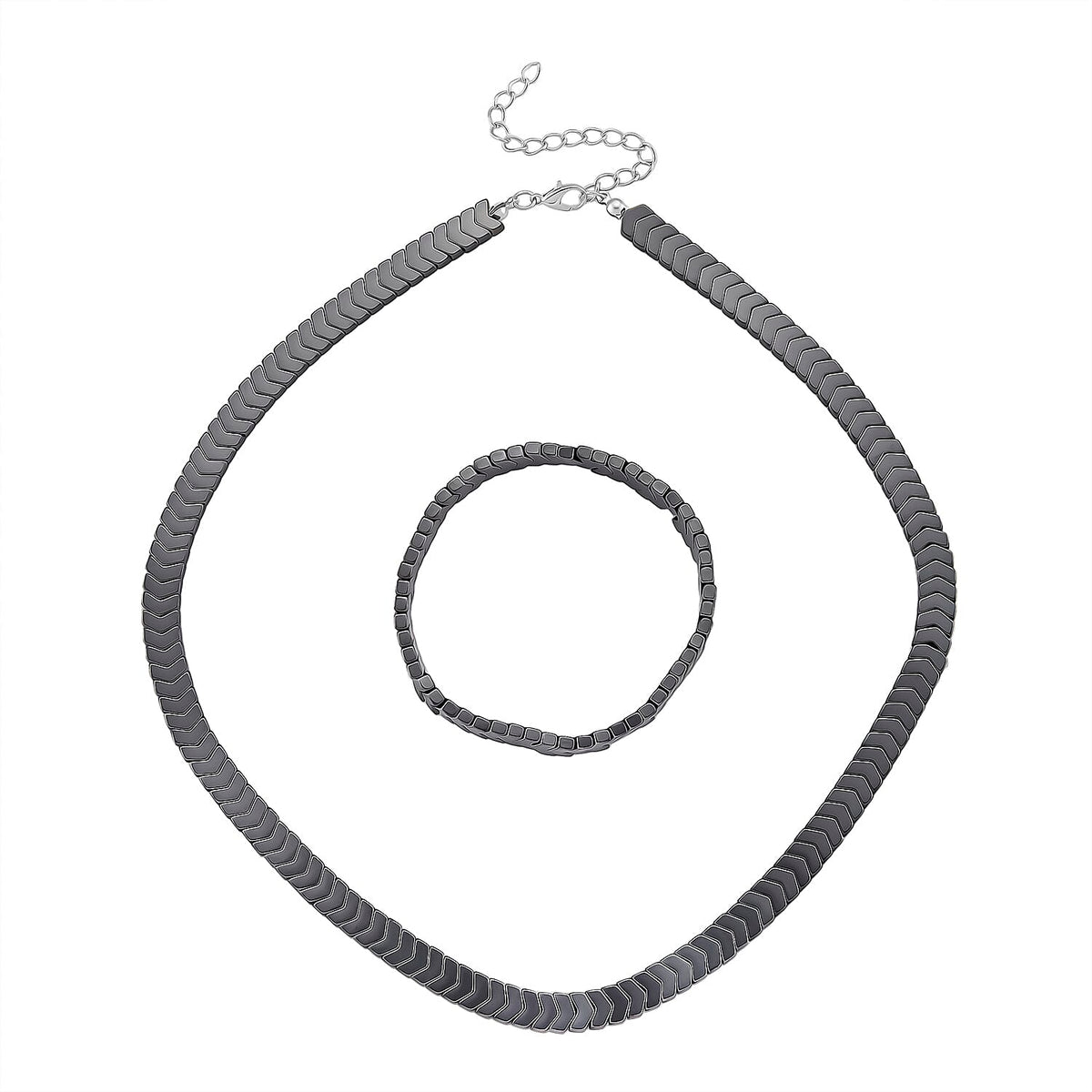 2 Piece Set -  Hematite Stone Strechable Bracelet (Size - 7.5) and Necklace (Size 19.25 + 2 Ext) in SIlver Tone 303.50 Ct. V32752969 0