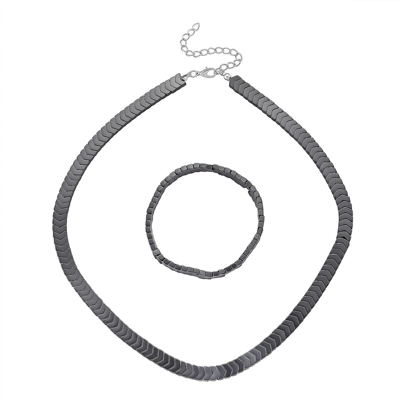 2 Piece Set -  Hematite Stone Strechable Bracelet (Size - 7.5) and Necklace (Size 19.25 + 2 Ext) in SIlver Tone 303.50 Ct.