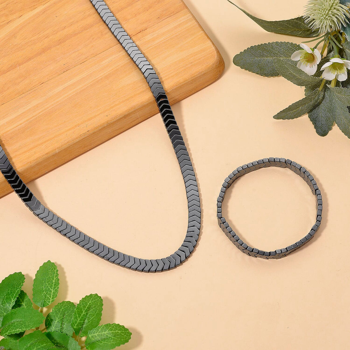 2 Piece Set -  Hematite Stone Strechable Bracelet (Size - 7.5) and Necklace (Size 19.25 + 2 Ext) in SIlver Tone 303.50 Ct. V32752969 2
