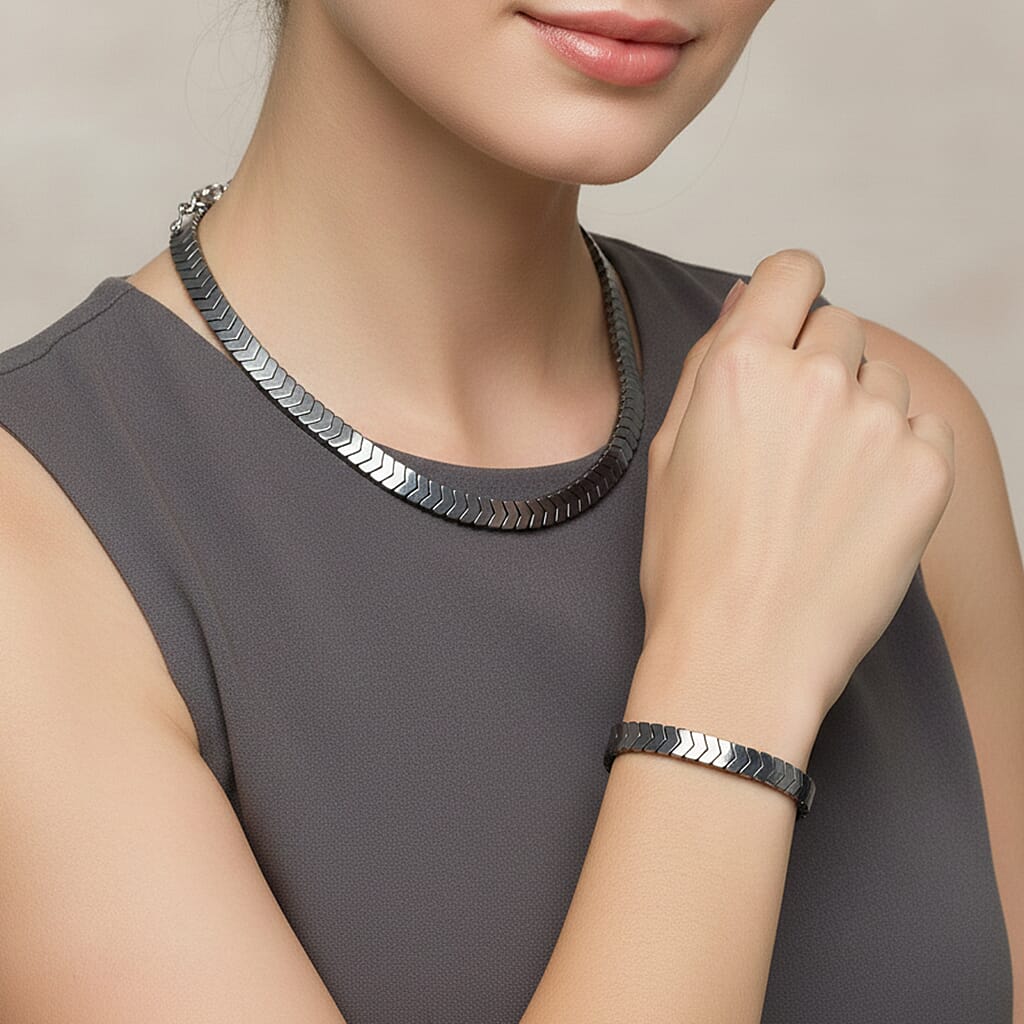 2 Piece Set -  Hematite Stone Strechable Bracelet (Size - 7.5) and Necklace (Size 19.25 + 2 Ext) in SIlver Tone 303.50 Ct. V32752969 3
