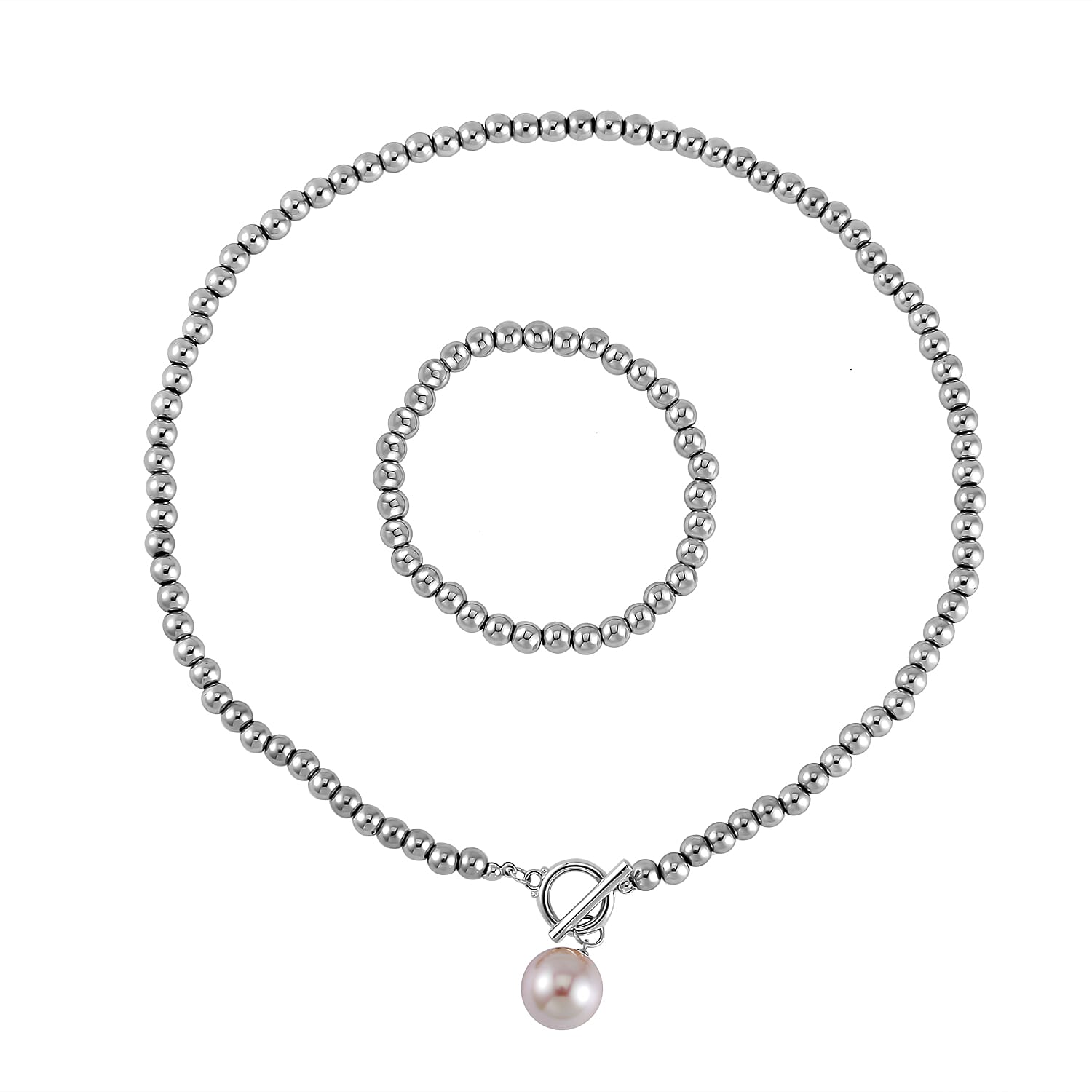 2 Piece Set - Hematite &amp; White Shell Pearl Necklace (Size 19.5) and Adjustable Bracelet (Size 7.25) 4172877 0