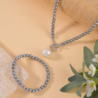 2 Piece Set - Hematite & White Shell Pearl Necklace (Size 19.5) and Adjustable Bracelet (Size 7.25)