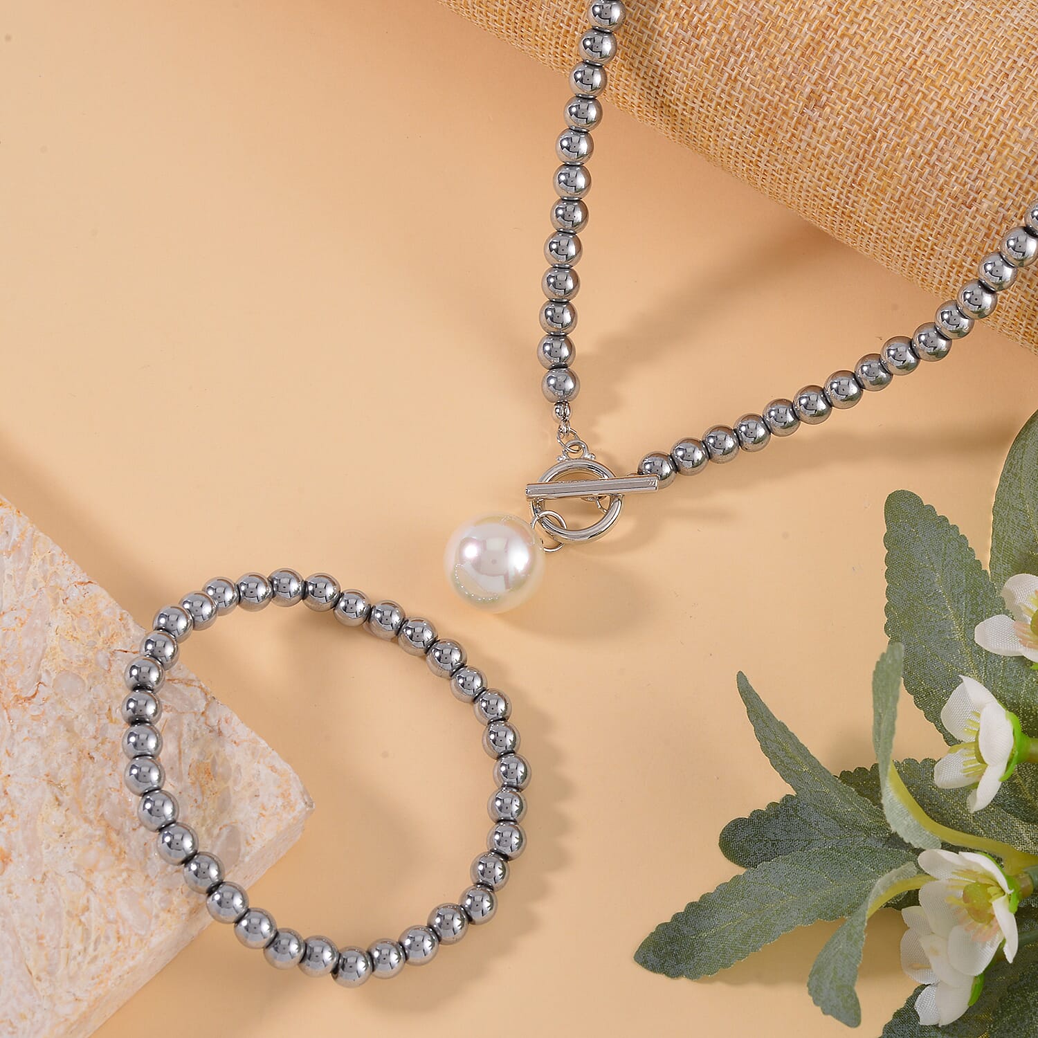 2 Piece Set - Hematite &amp; White Shell Pearl Necklace (Size 19.5) and Adjustable Bracelet (Size 7.25) 4172877 1