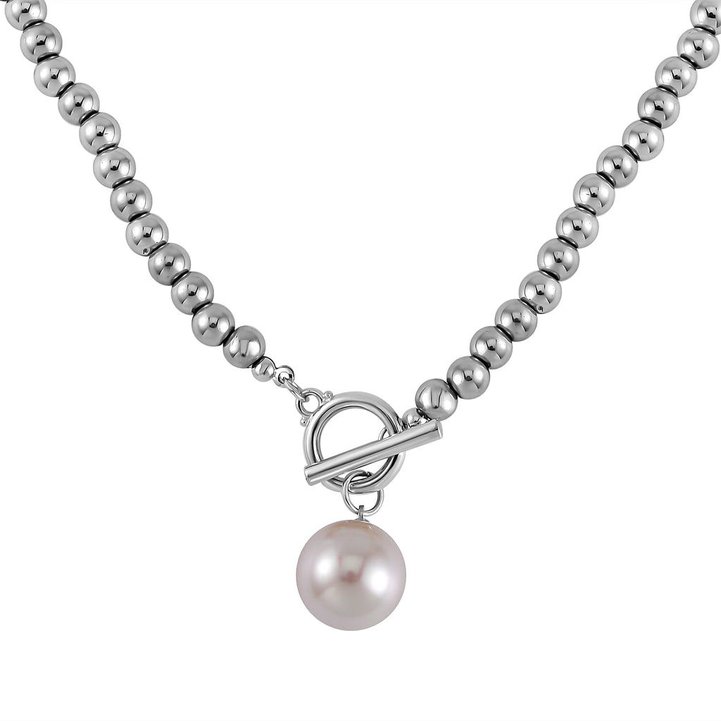 2 Piece Set - Hematite & White Shell Pearl Necklace (Size 19.5) and Adjustable Bracelet (Size 7.25)
