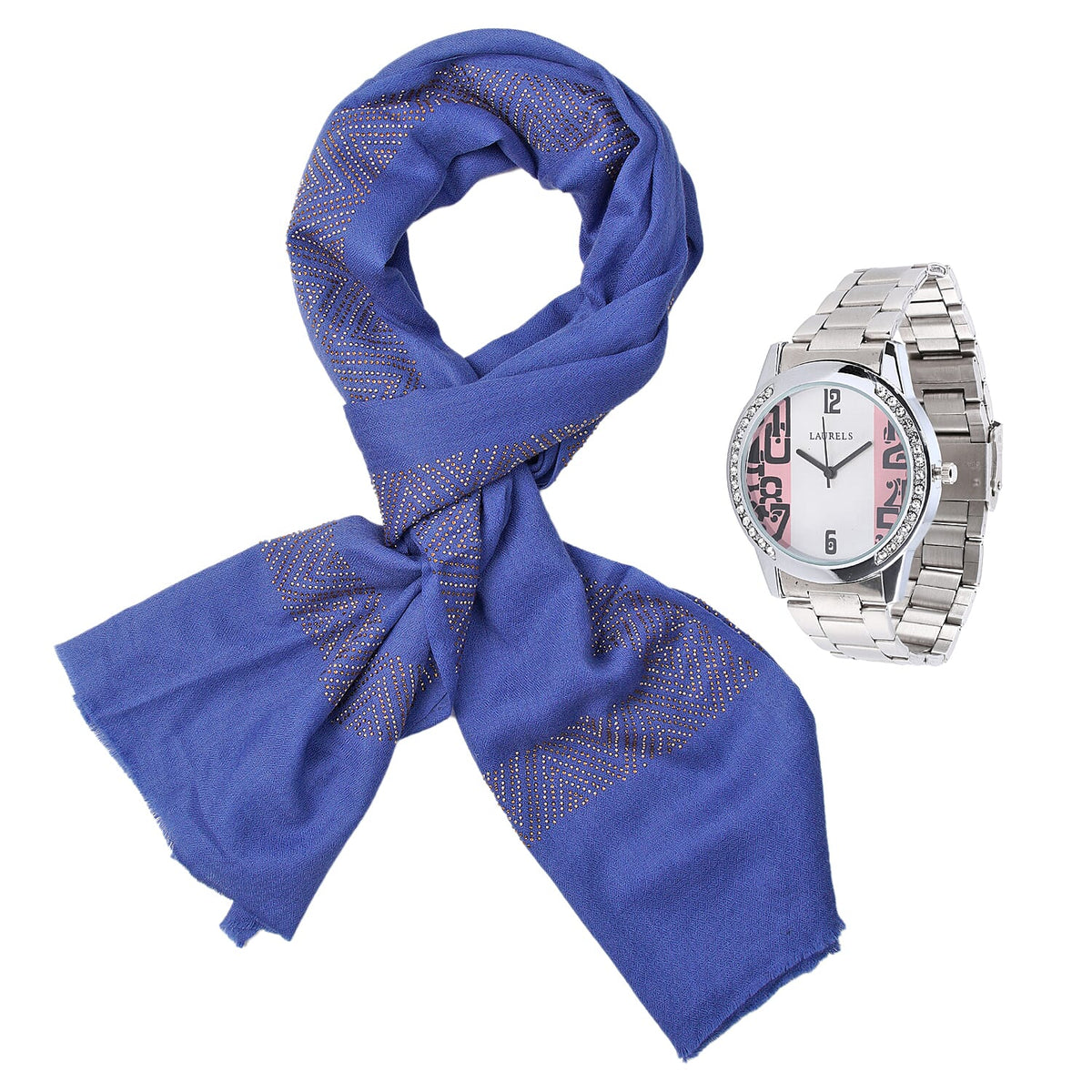 2 Piece Set - Merino Woolen Stole and Rhinestone Wrist Watch in a Gift Box - Blue 4012131 0