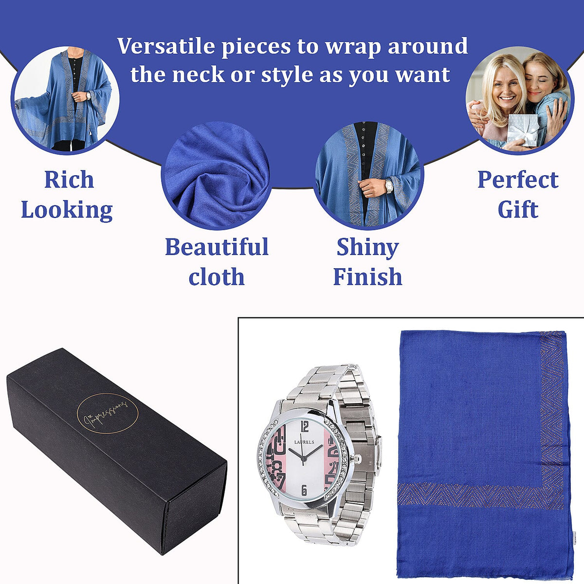 2 Piece Set - Merino Woolen Stole and Rhinestone Wrist Watch in a Gift Box - Blue 4012131 3
