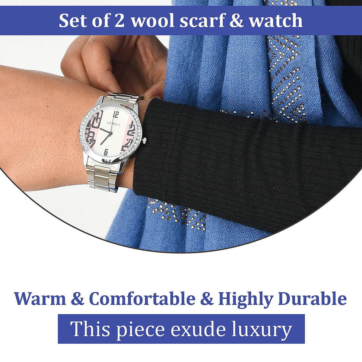 2 Piece Set - Merino Woolen Stole and Rhinestone Wrist Watch in a Gift Box - Blue 4012131 4
