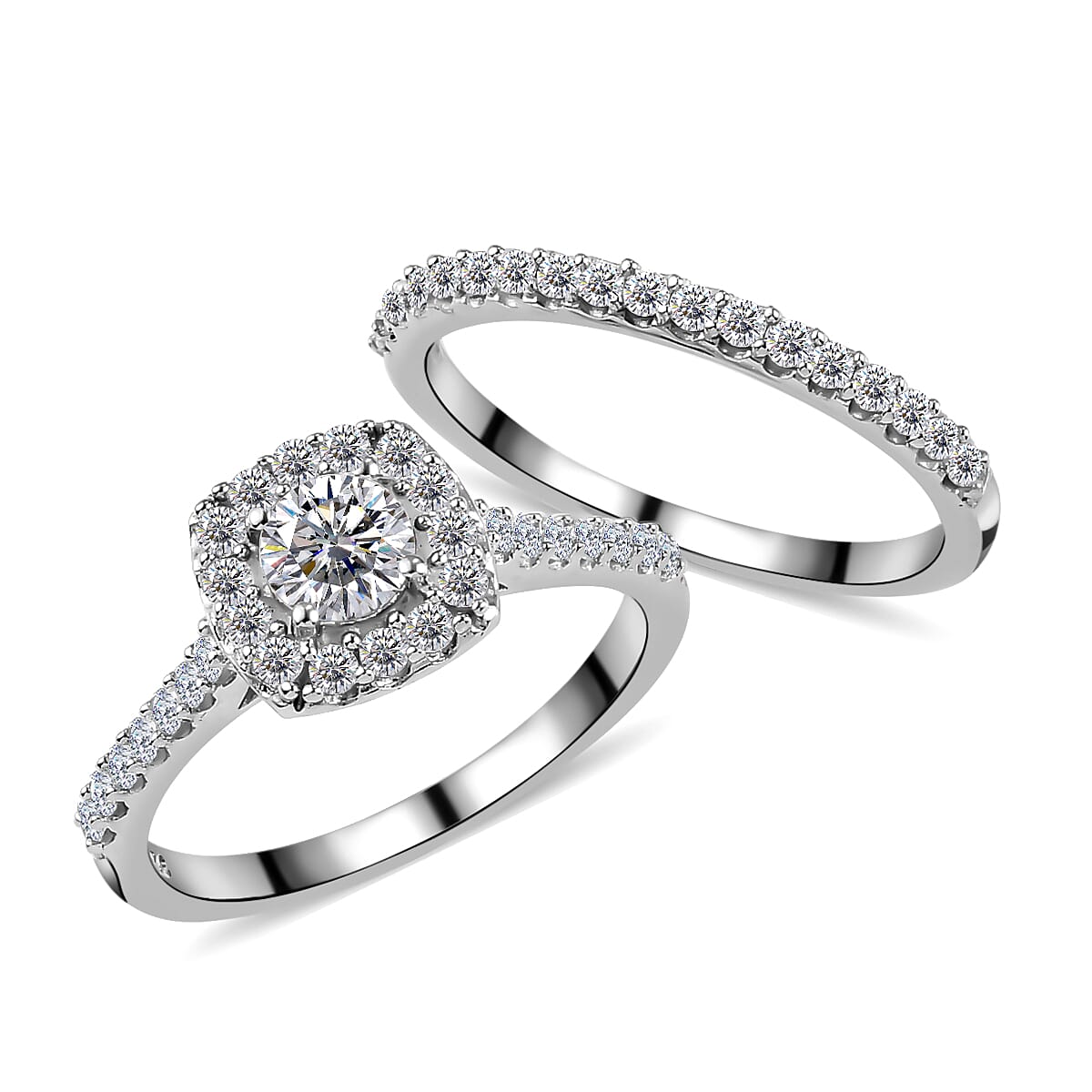 2 Piece Set - Moissanite Cluster Ring and Band Ring in Platinum Plated Sterling Silver 0.83 Ct. 3874767 0