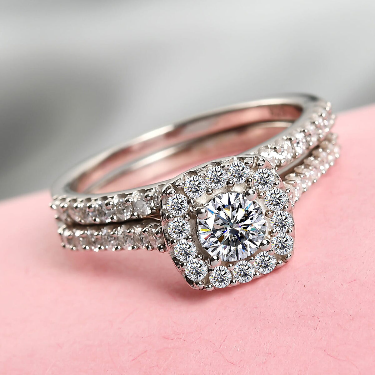 2 Piece Set - Moissanite Cluster Ring and Band Ring in Platinum Plated Sterling Silver 0.83 Ct. 3874767 1