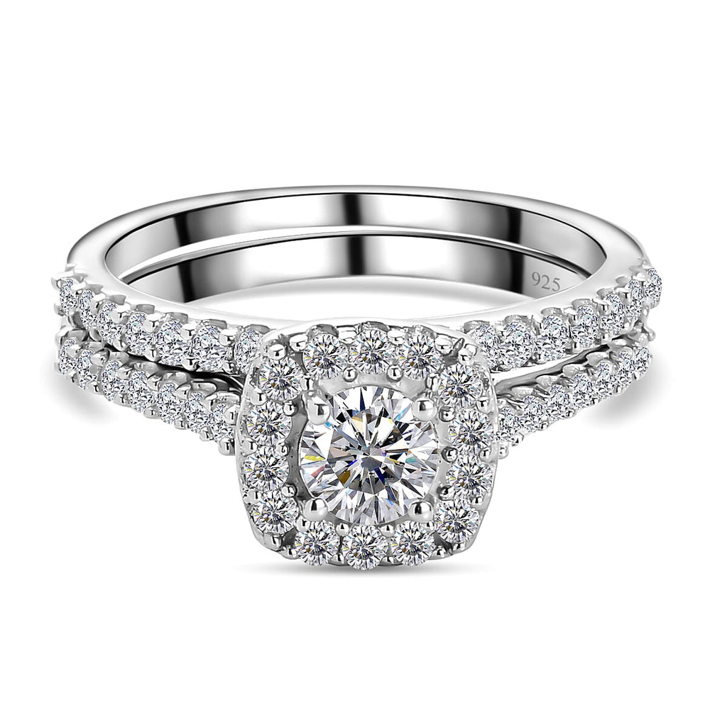 2 Piece Set - Moissanite Ring in Platinum Overlay Sterling Silver