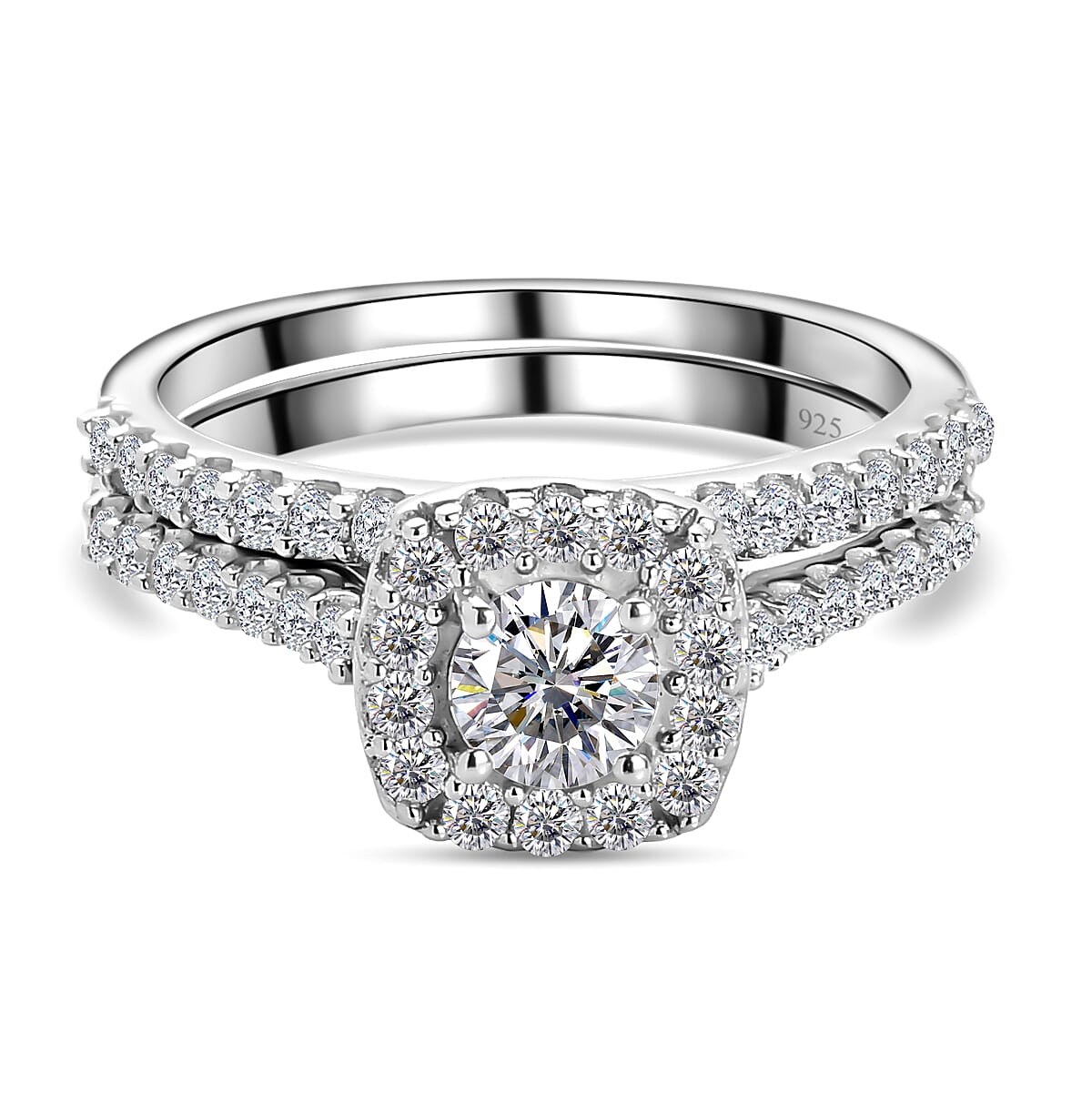 2 Piece Set - Moissanite Cluster Ring and Band Ring in Platinum Plated Sterling Silver 0.83 Ct. 3874767 3
