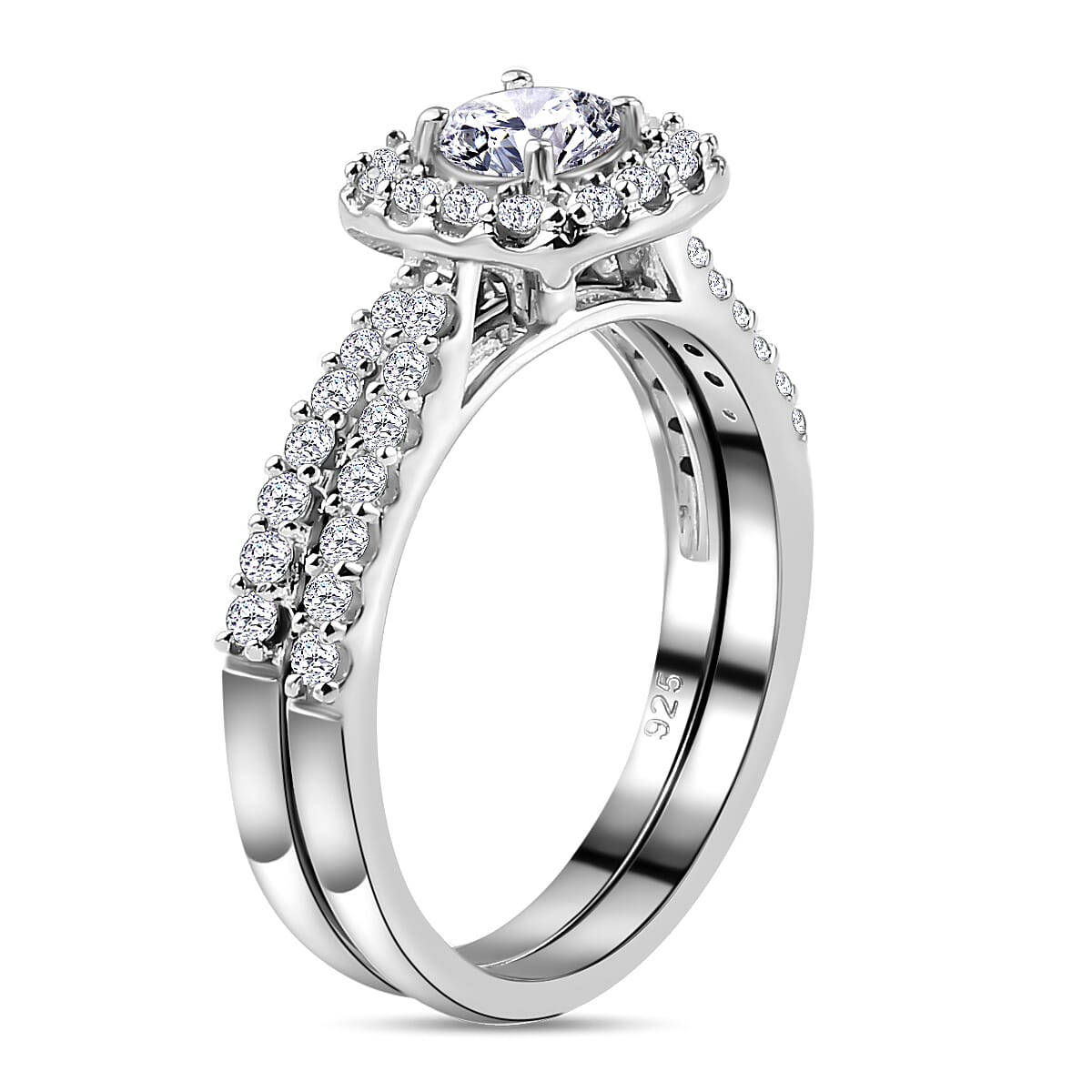 2 Piece Set - Moissanite Cluster Ring and Band Ring in Platinum Plated Sterling Silver 0.83 Ct. 3874767 4